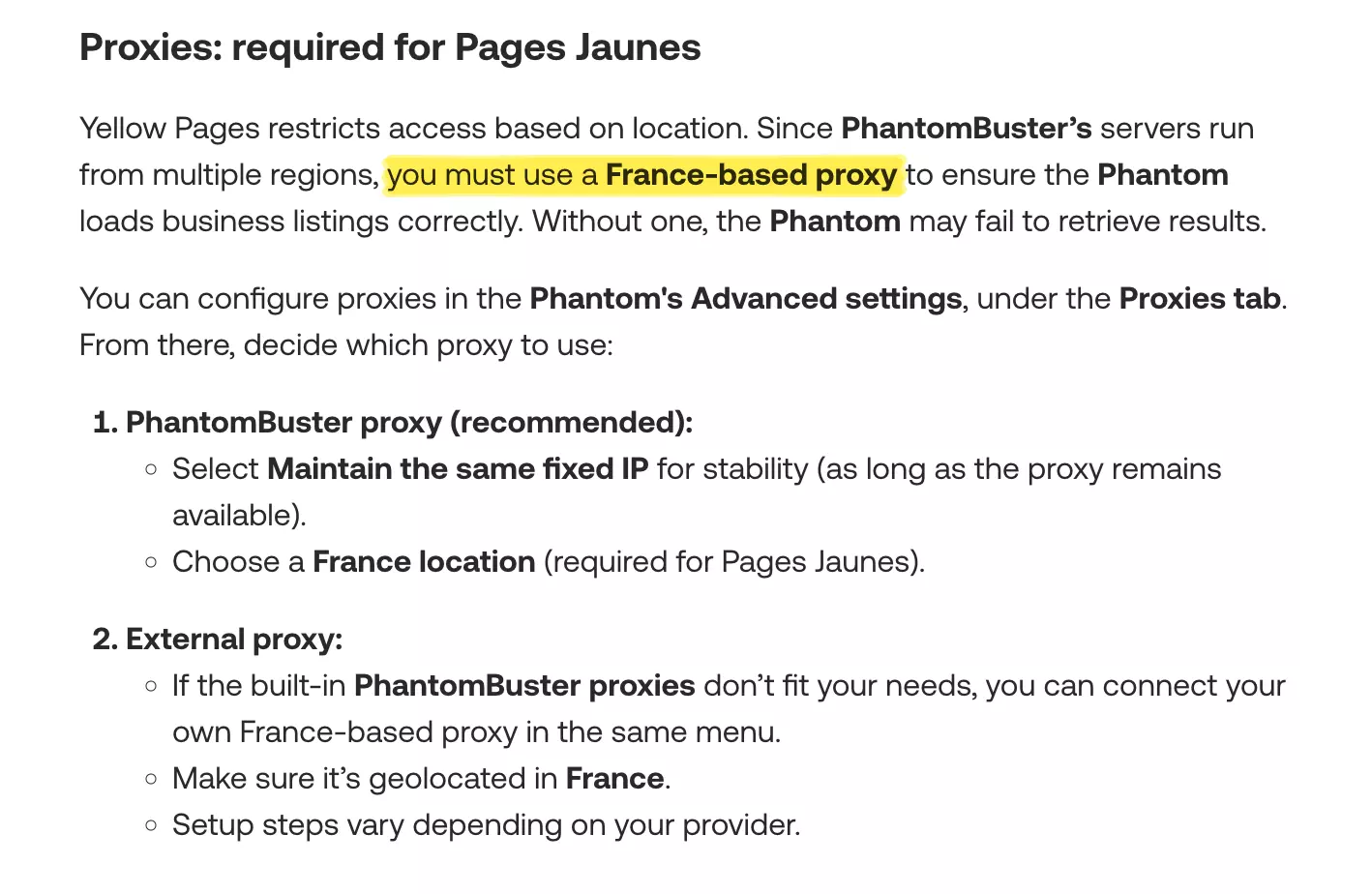 PhantomBuster instructions requiring a France-based proxy