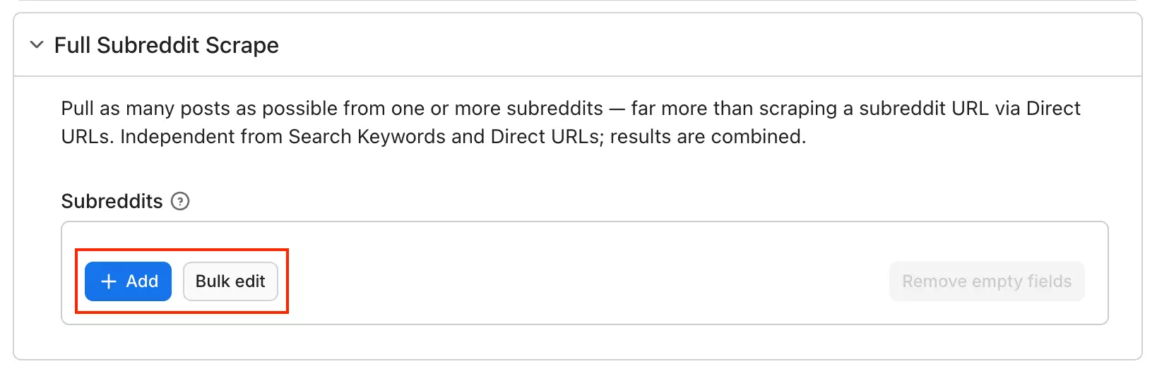 Apify Reddit scraper — dedicated full-subreddit scraping mode