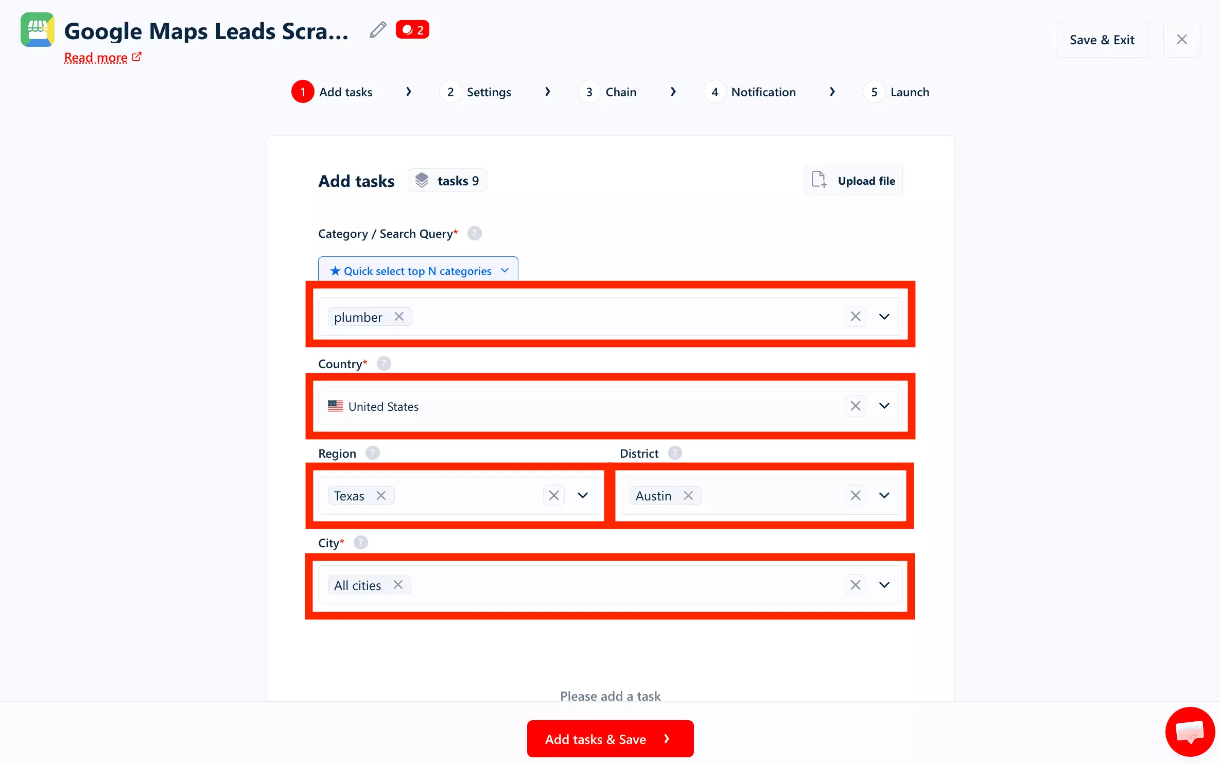 Add tasks step of the Google Maps Leads Scraper: category plumber, country United States, region Texas, district Austin, boxed in red