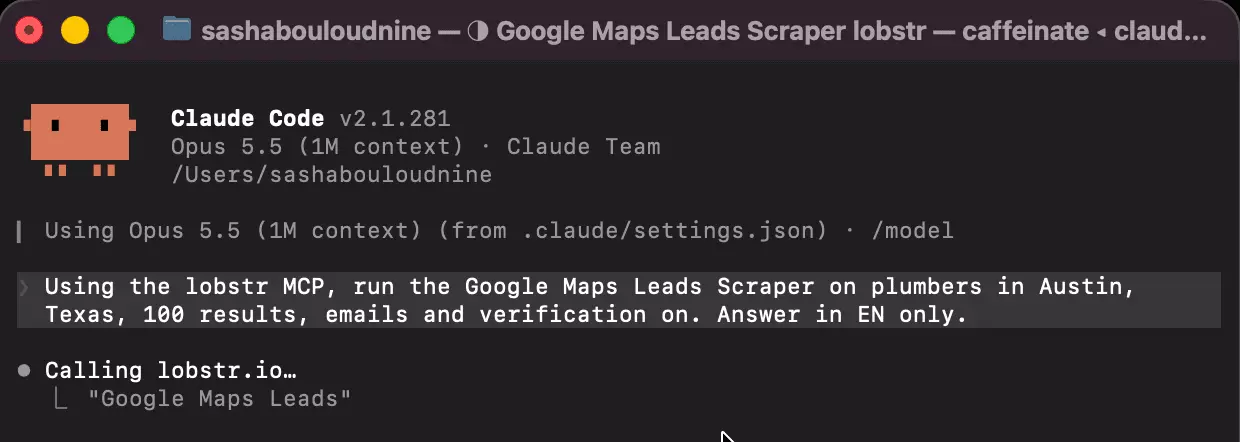 Claude Code terminal with the prompt: Using the lobstr MCP, run the Google Maps Leads Scraper on plumbers in Austin, Texas, 100 results, emails and verification on; Claude answers Calling lobstr.io, Google Maps Leads