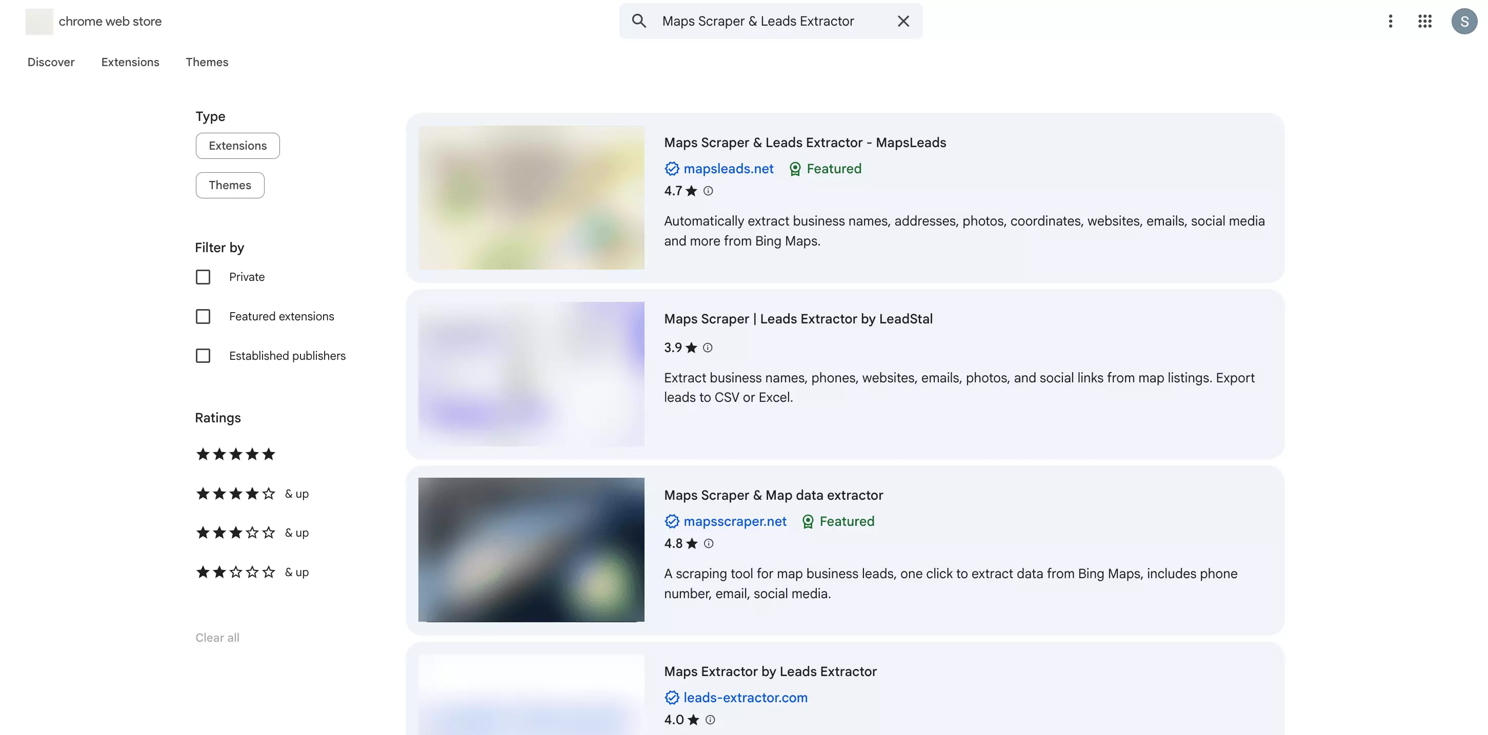 Chrome Web Store search results for Maps Scraper and Leads Extractor, thumbnails blurred: the first listing, MapsLeads, rated 4.7, extracts business data and more from Bing Maps; the third, Maps Scraper and Map data extractor, rated 4.8, extracts data from Bing Maps