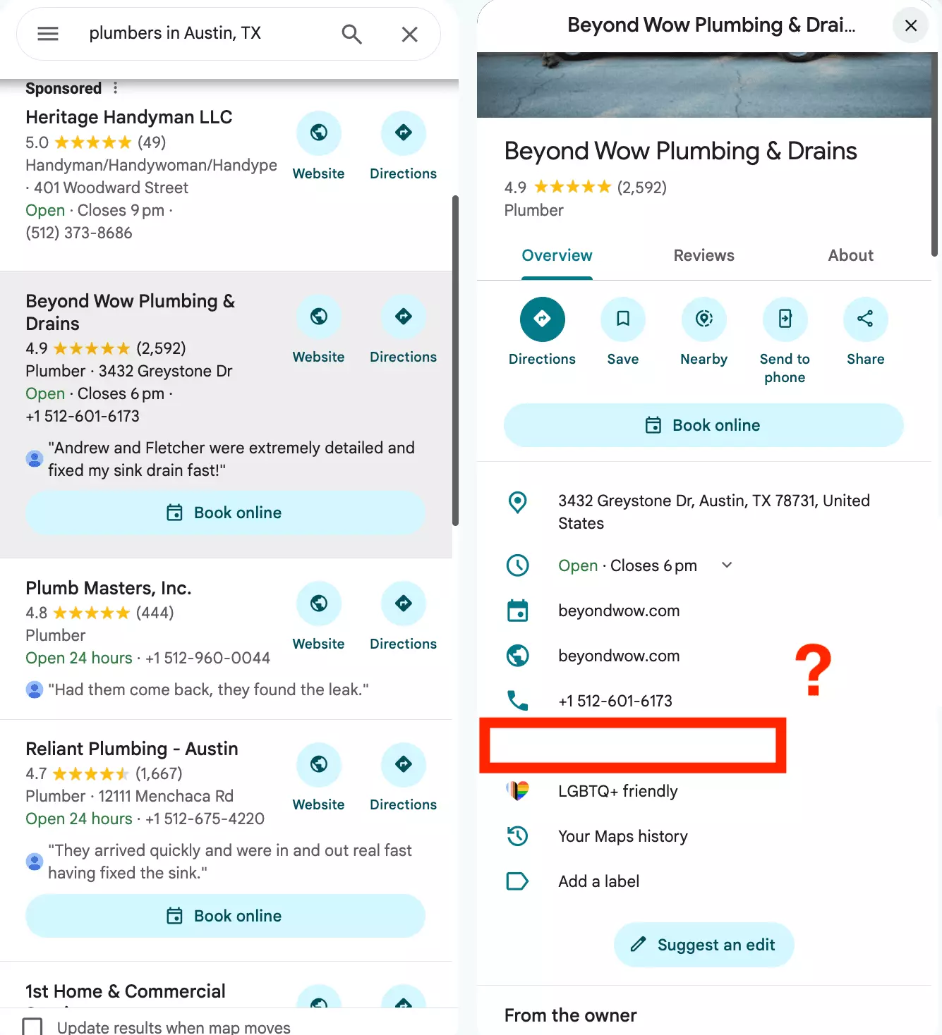 Google Maps search for plumbers in Austin, TX: the Beyond Wow Plumbing and Drains panel shows address, hours, website and phone, and a red box with a question mark marks the empty spot where an email would be