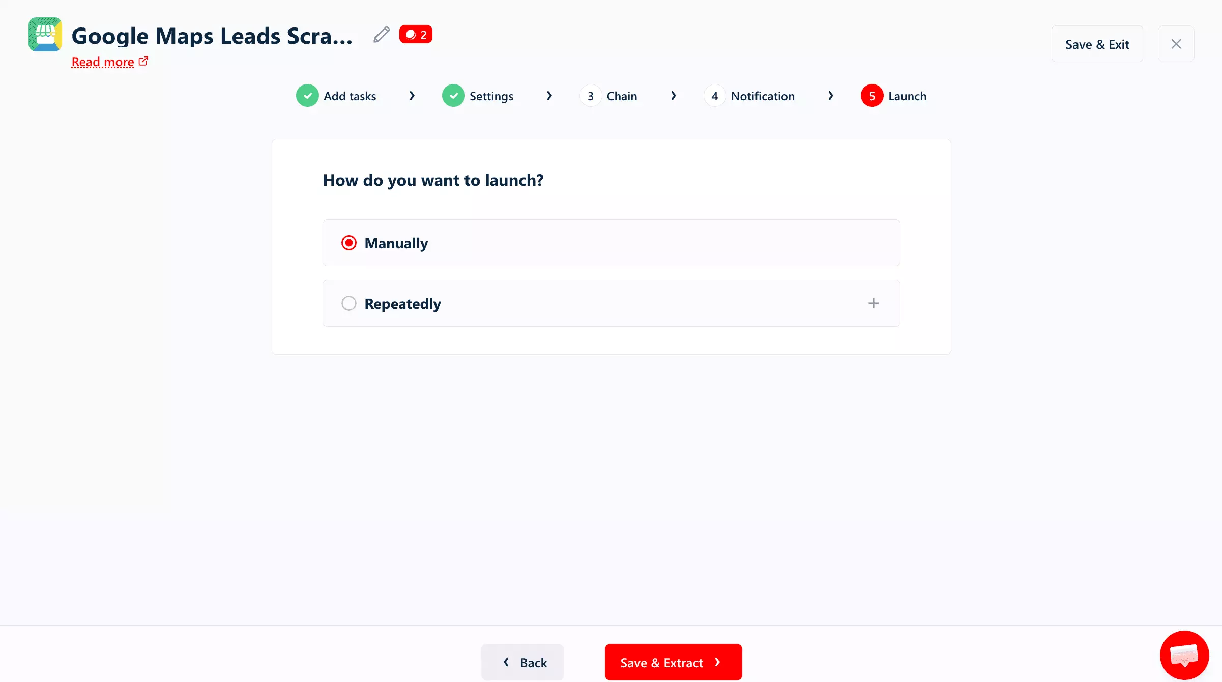 Launch step of the Google Maps Leads Scraper: How do you want to launch, Manually selected, Repeatedly below, and the Save and Extract button