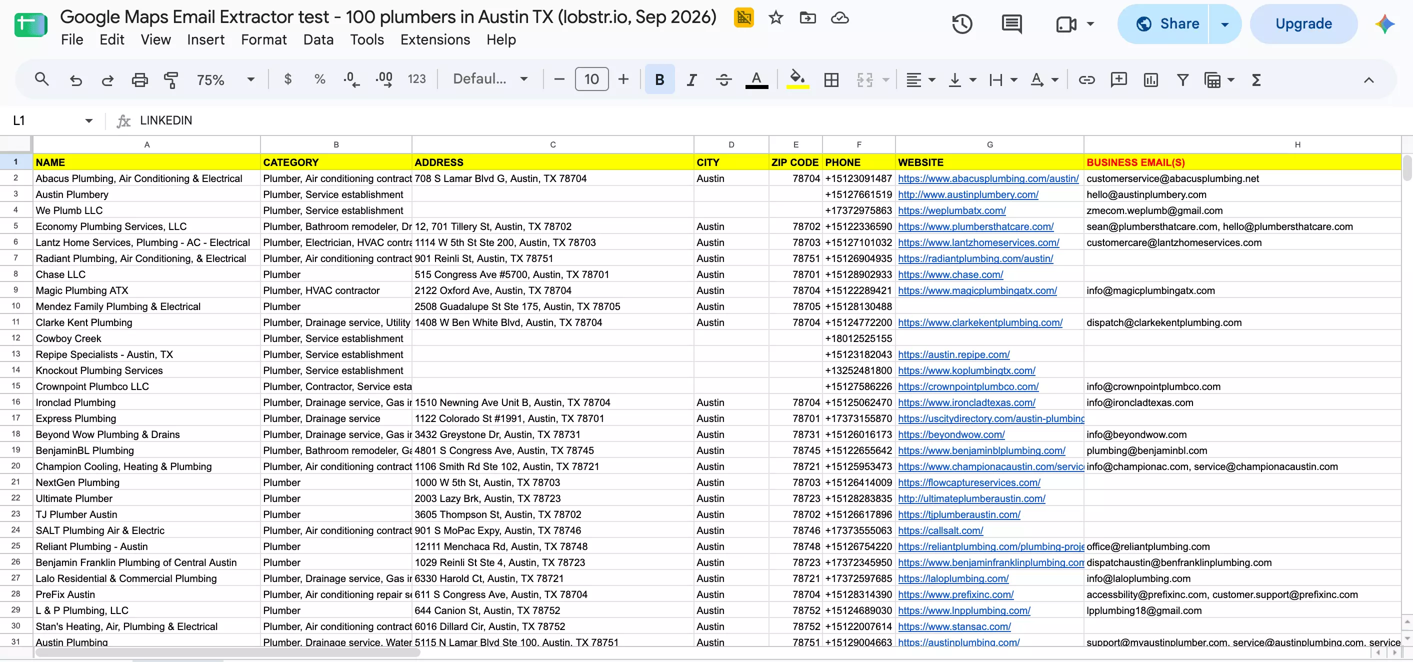 The public Google Sheet Google Maps Email Extractor test, 100 plumbers in Austin TX: NAME, CATEGORY, ADDRESS, CITY, ZIP CODE, PHONE, WEBSITE and BUSINESS EMAIL(S) columns, with emails such as hello@austinplumbery.com and dispatch@clarkekentplumbing.com