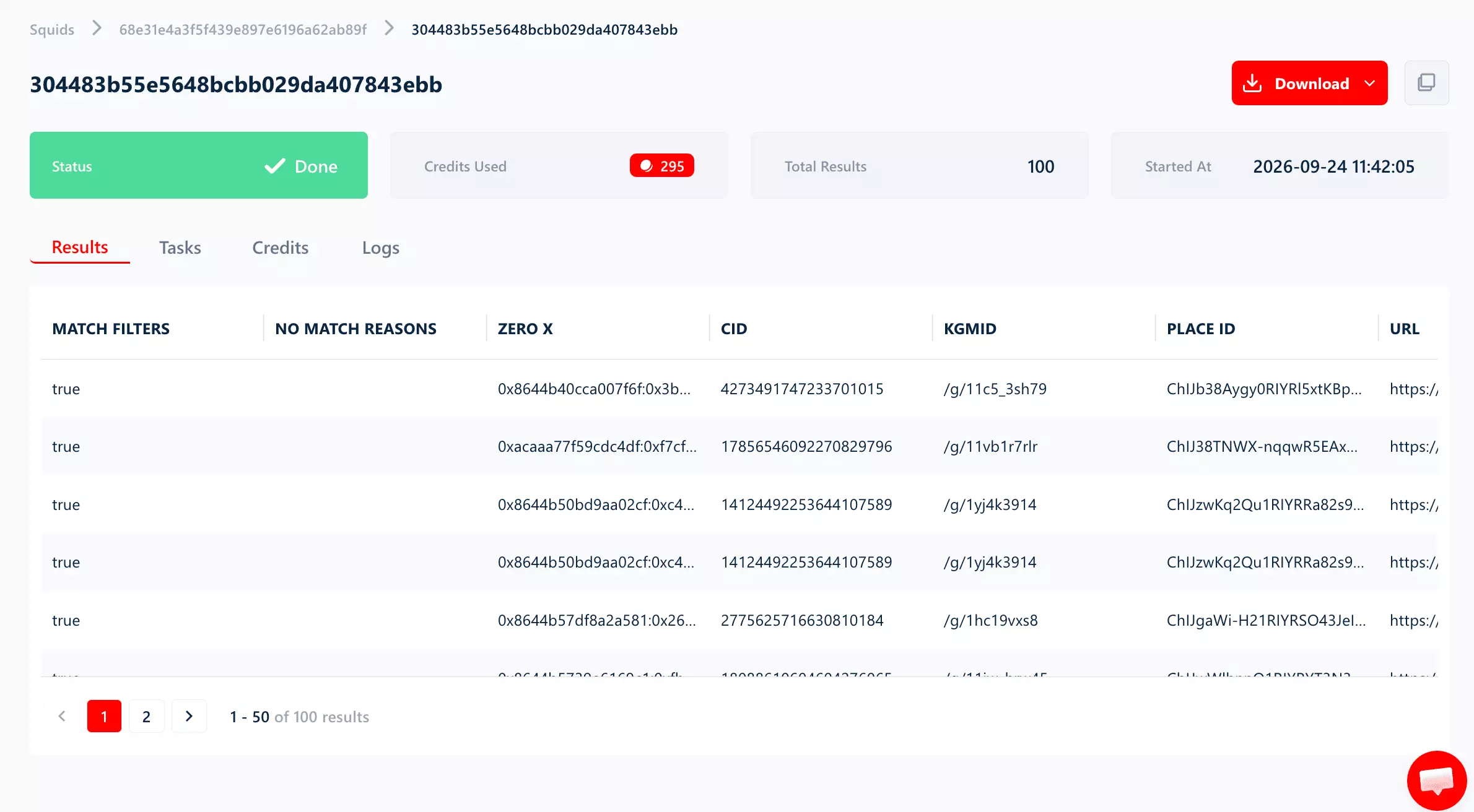 Finished run page in the lobstr.io dashboard: status Done, 295 credits used, 100 total results, started 2026-09-24 11:42:05, results table with place ids, 1 to 50 of 100 results