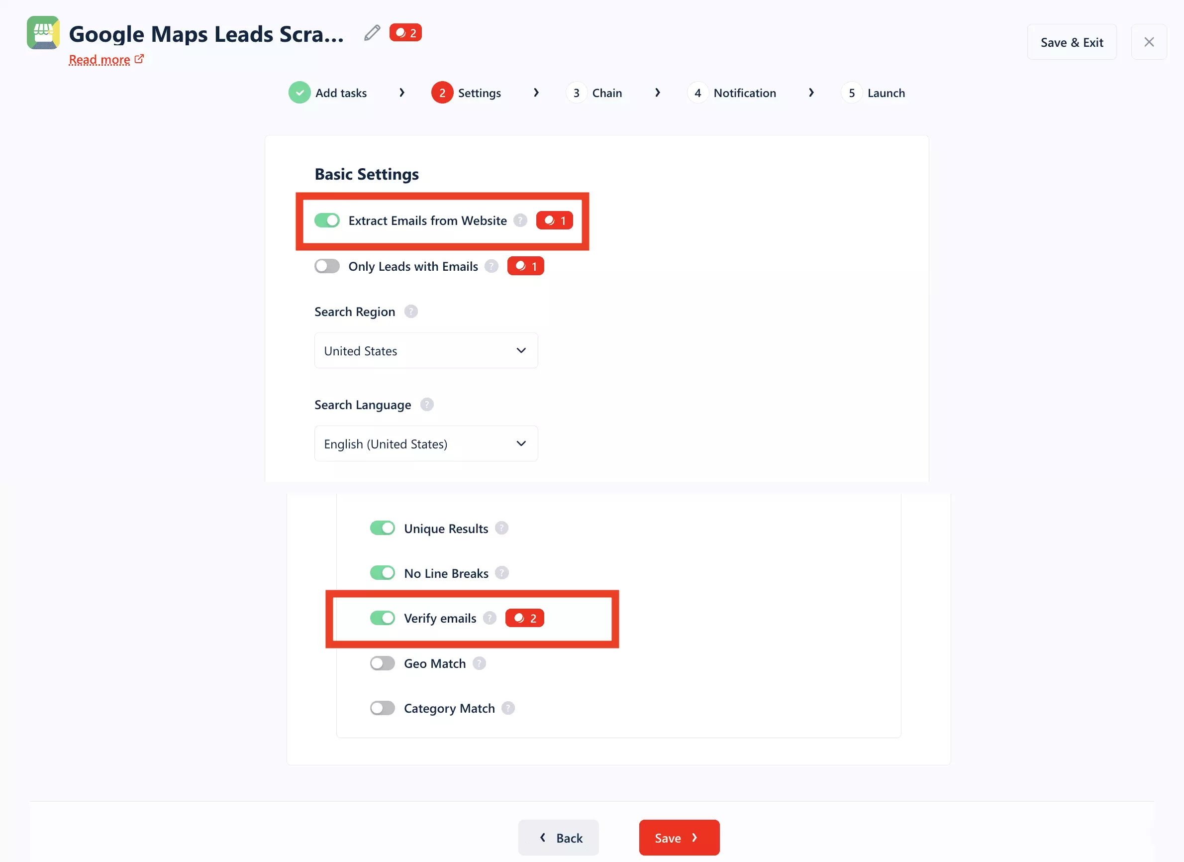 Settings step of the Google Maps Leads Scraper: Extract Emails from Website switched on with a 1-credit badge, and further down Verify emails switched on with a 2-credit badge, both boxed in red