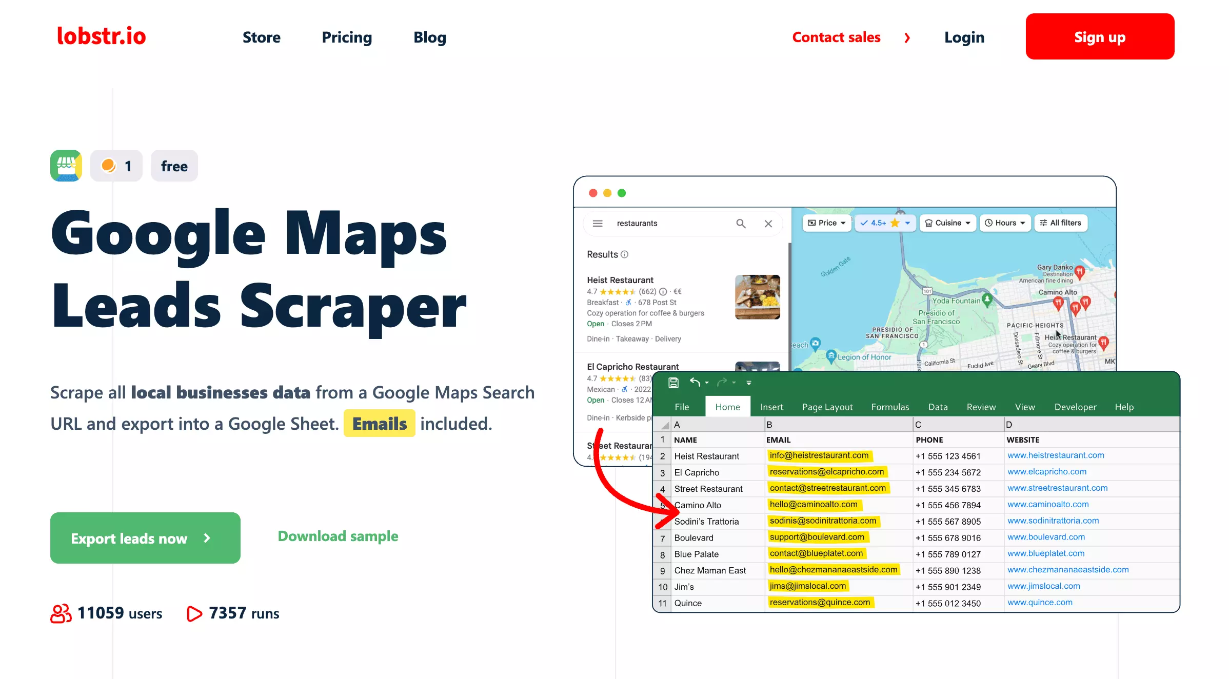 lobstr.io store page of the Google Maps Leads Scraper: 1 credit, free badge, Scrape all local businesses data from a Google Maps Search URL and export into a Google Sheet, Emails included, Export leads now button, 11,059 users and 7,357 runs