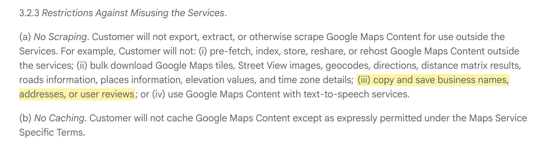 Google Maps Platform Terms of Service section 3.2.3, No Scraping and No Caching, with clause iii highlighted