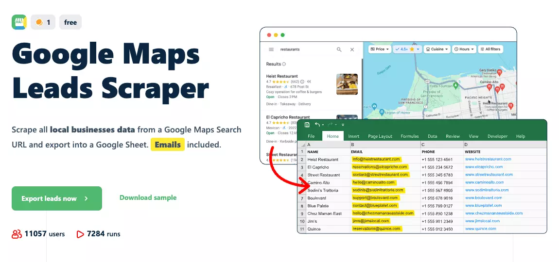 lobstr.io Google Maps Leads Scraper store page, emails included, exporting local businesses from a Google Maps search into a spreadsheet
