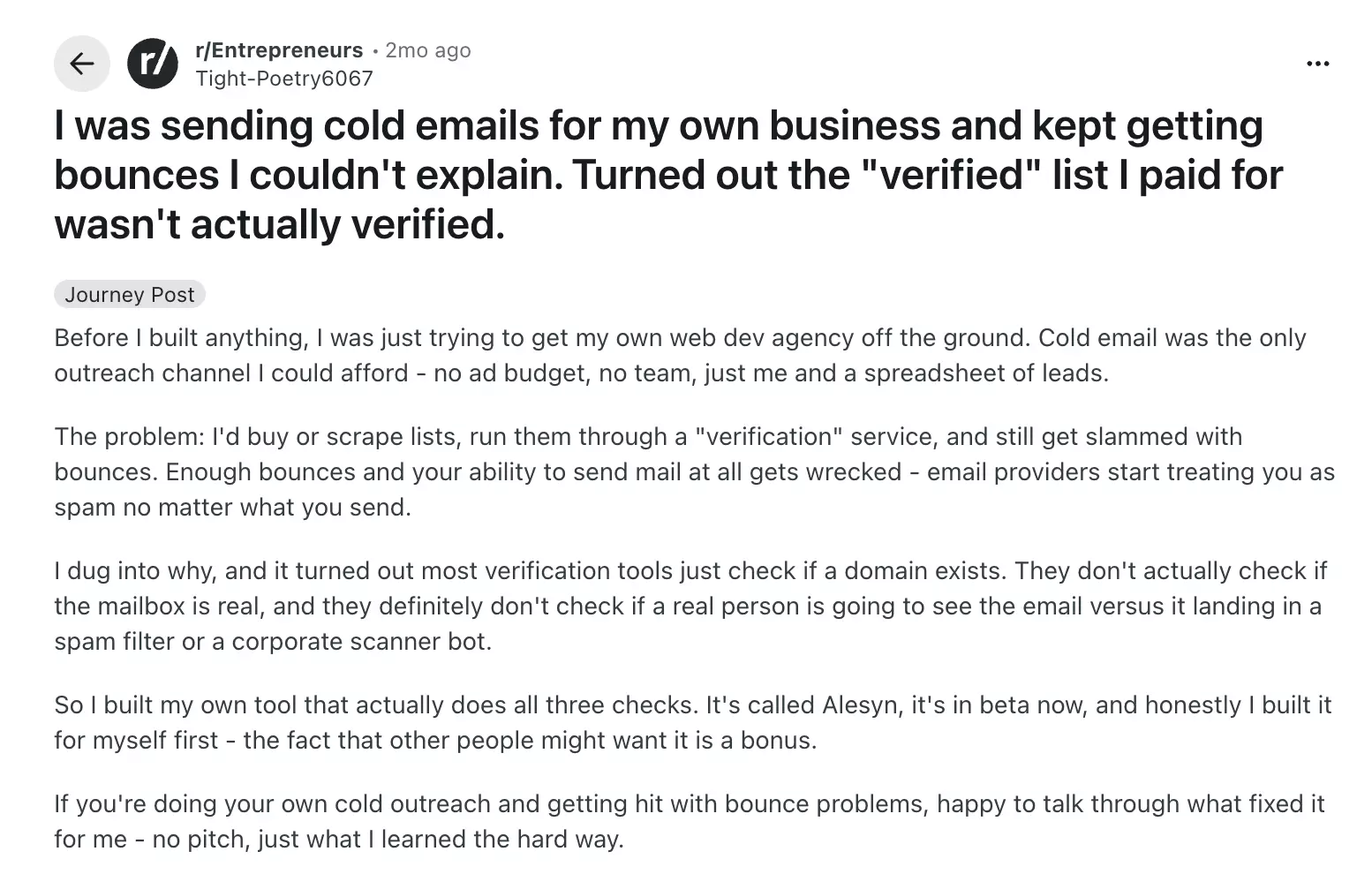 r/Entrepreneurs post about cold email bounces from a 'verified' list that wasn't actually verified