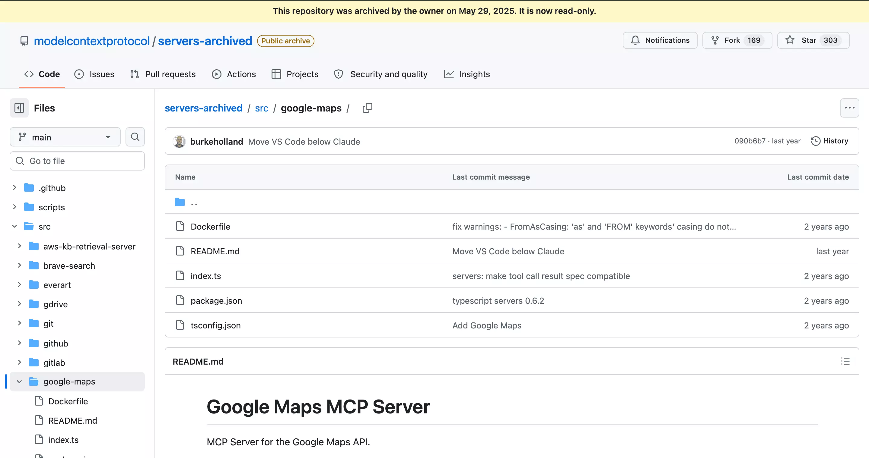 GitHub banner showing the servers-archived repo that holds the Google Maps MCP Server, archived on May 29, 2025