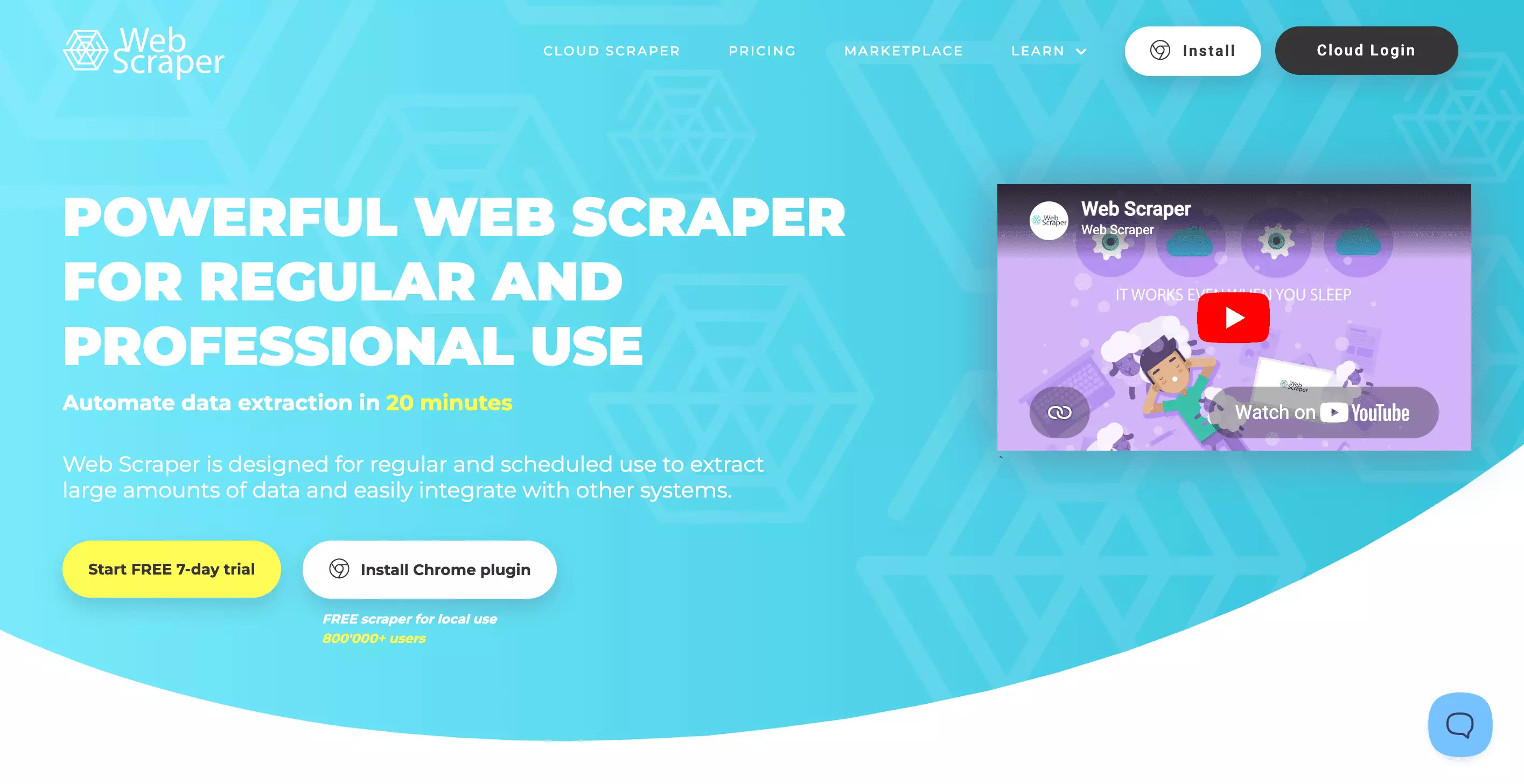 WebScraper.io homepage showing the Yelp scraper template page
