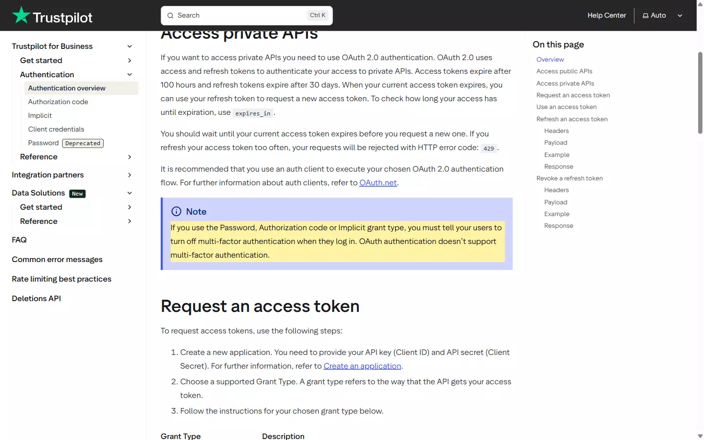 Trustpilot OAuth MFA limitation