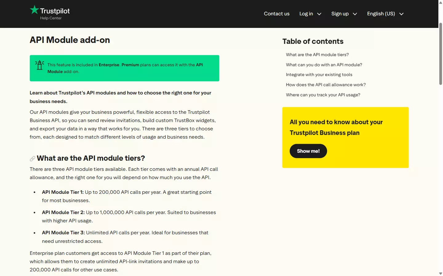 Trustpilot API Module add-on tiers