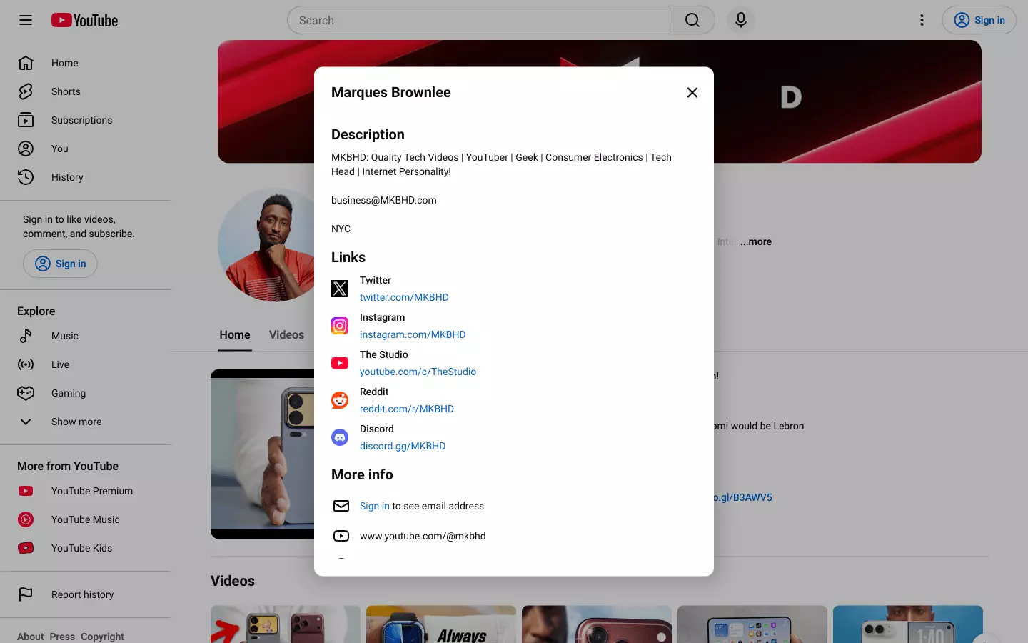 YouTube About panel hiding the email behind a sign-in