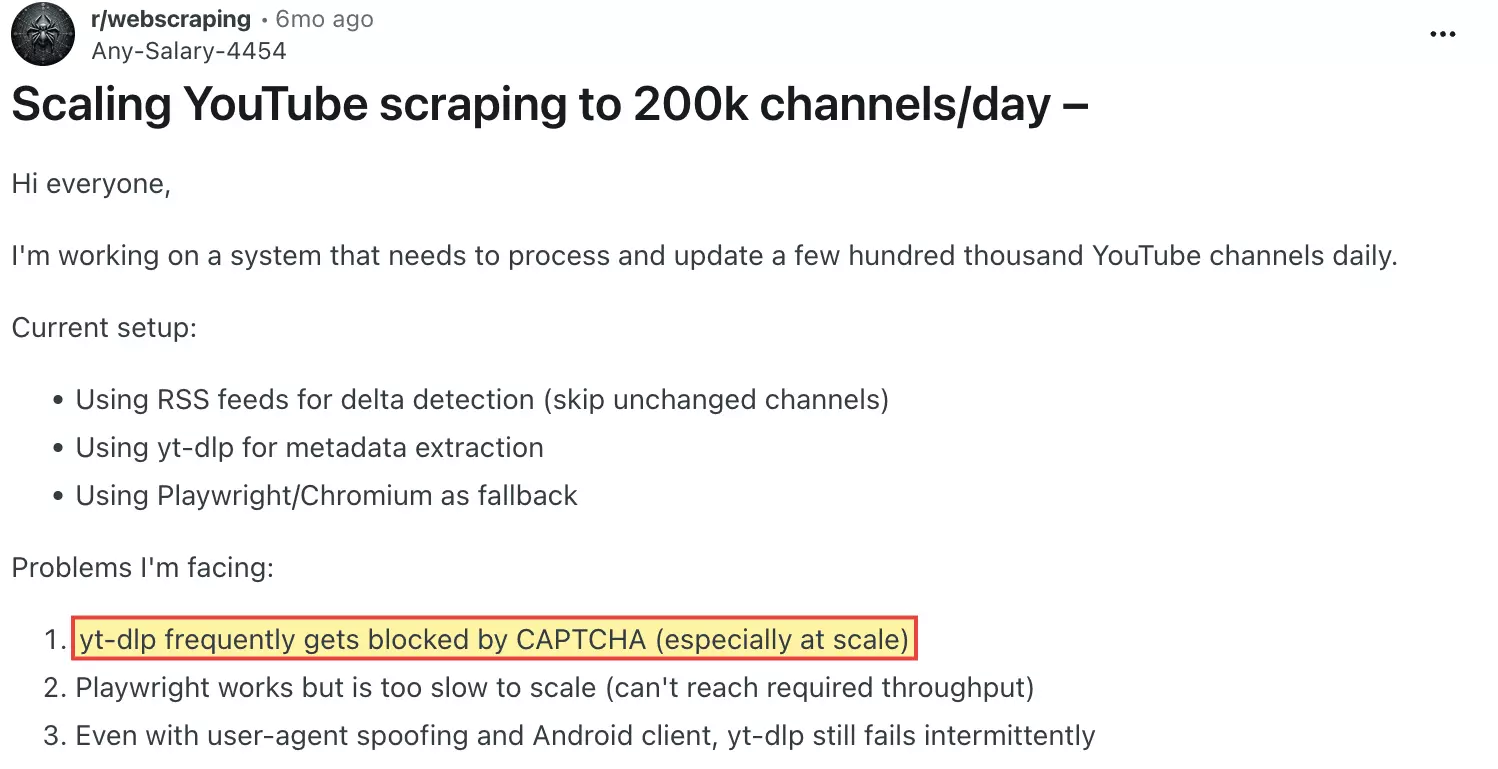 Reddit post on yt-dlp getting blocked by CAPTCHA