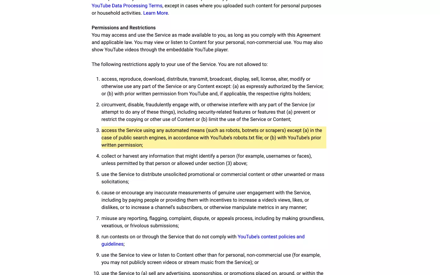 YouTube ToS clause banning automated access