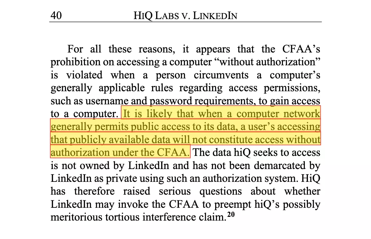 hiQ v. LinkedIn opinion, CFAA sentence highlighted