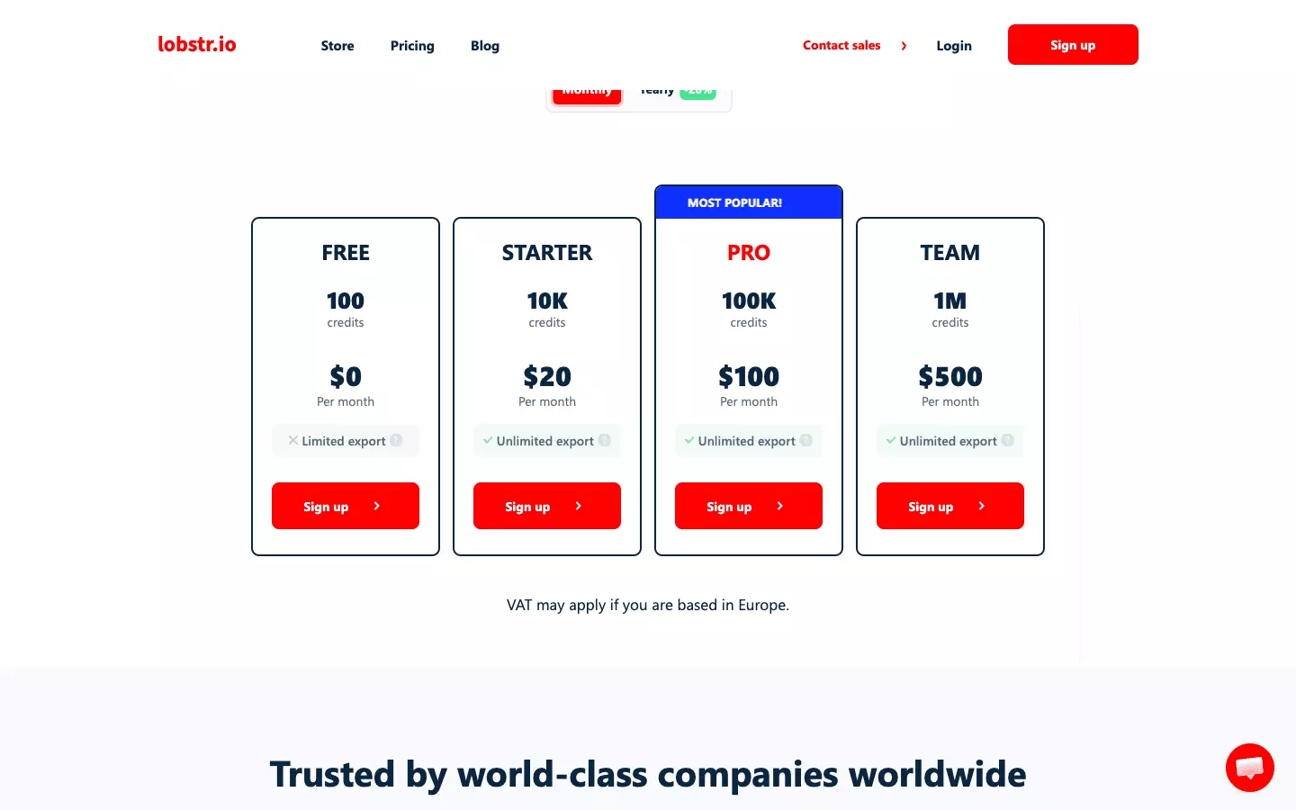 lobstr.io pricing plans from Free to Team