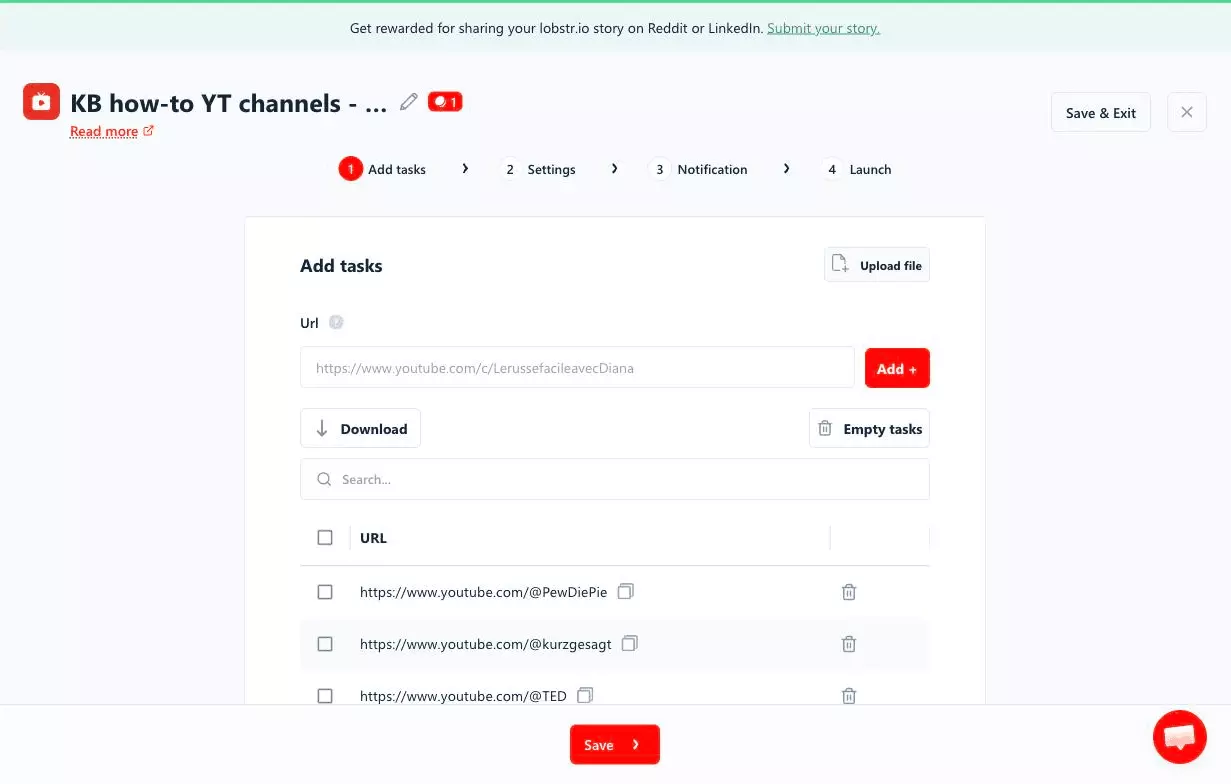 Adding channel URLs as tasks