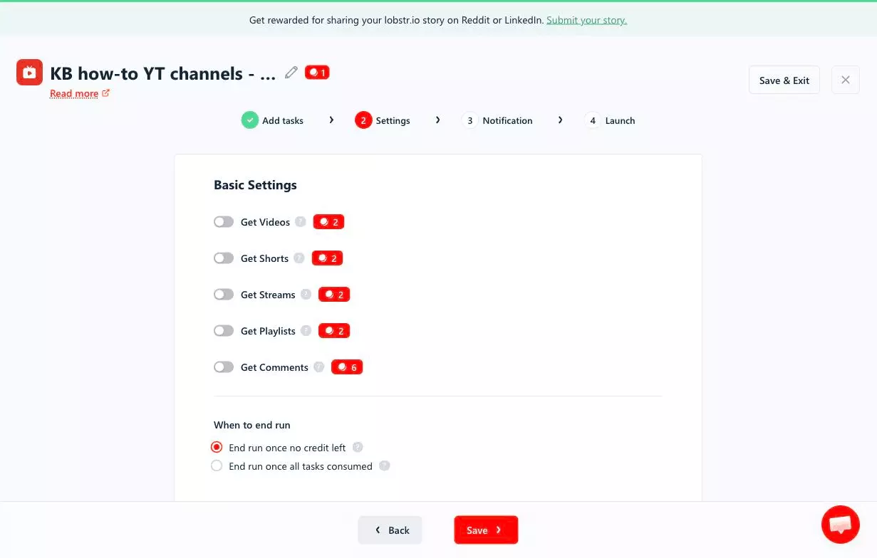 Add-on toggles with credit badges