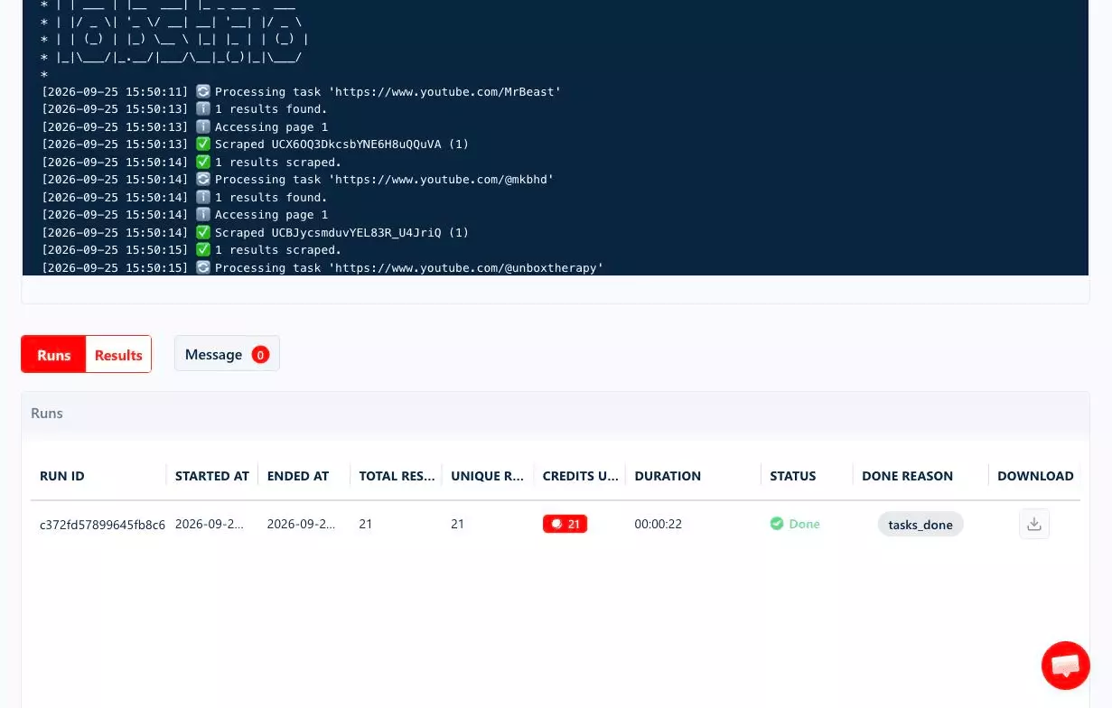 Runs tab showing 21 results for 21 credits