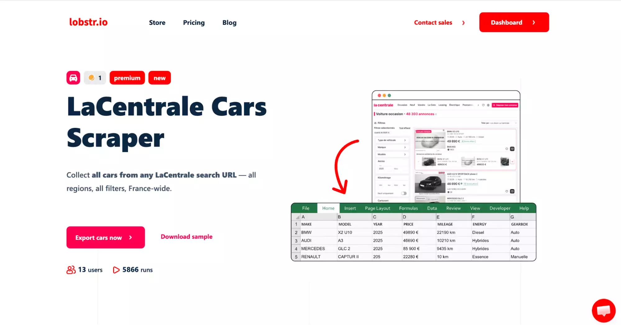 Interface du scraper LaCentrale de lobstr.io