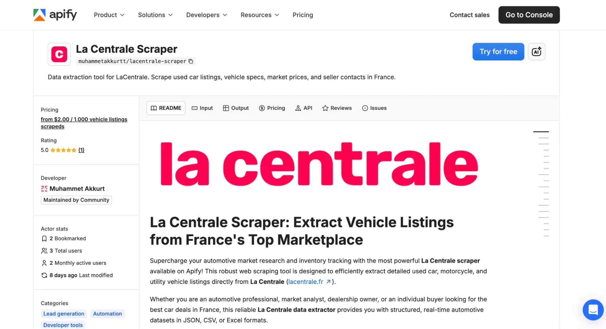 Page du scraper LaCentrale sur Apify