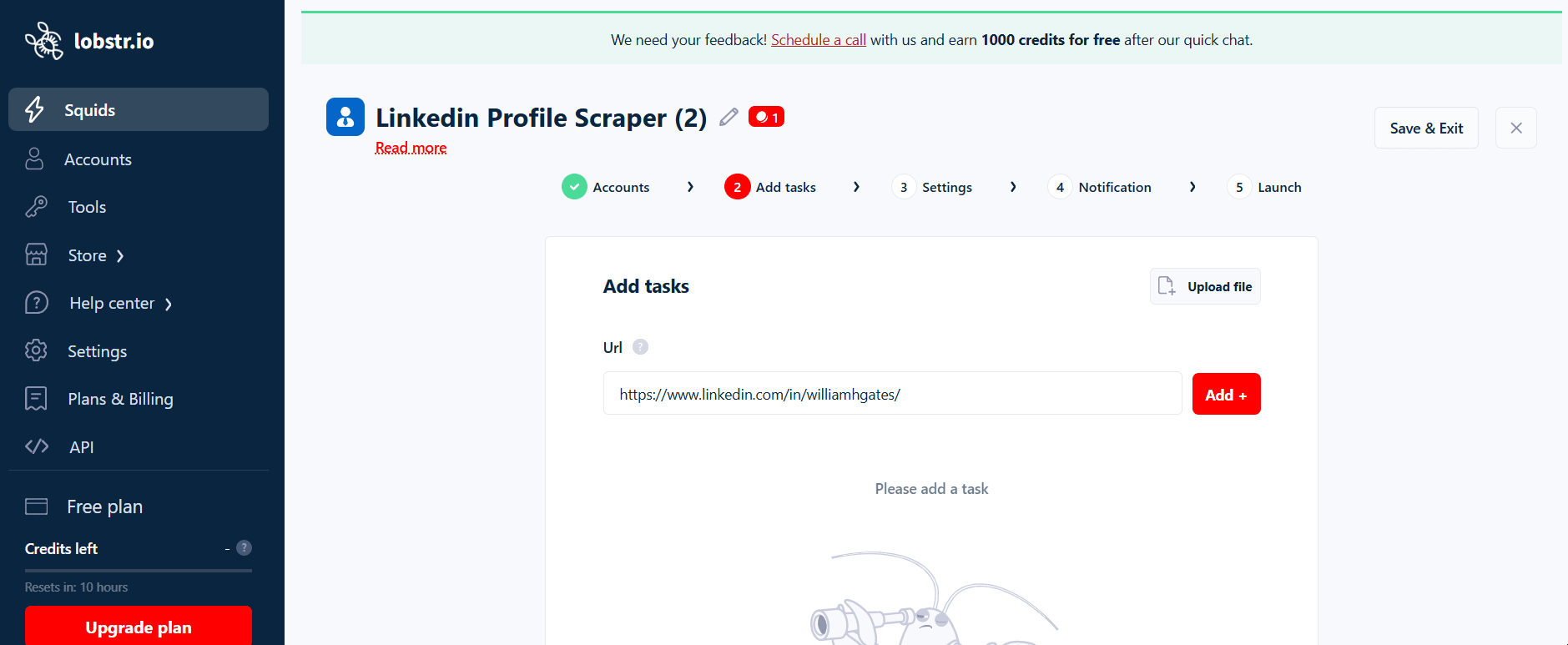 How to scrape LinkedIn Profiles safely and at scale with Lobstr.io? - Step 3: Add tasks image18
