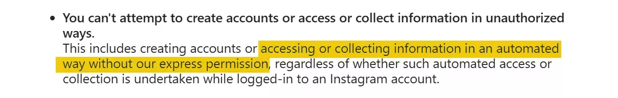 Instagram Terms of Use page restricting automated data collection
