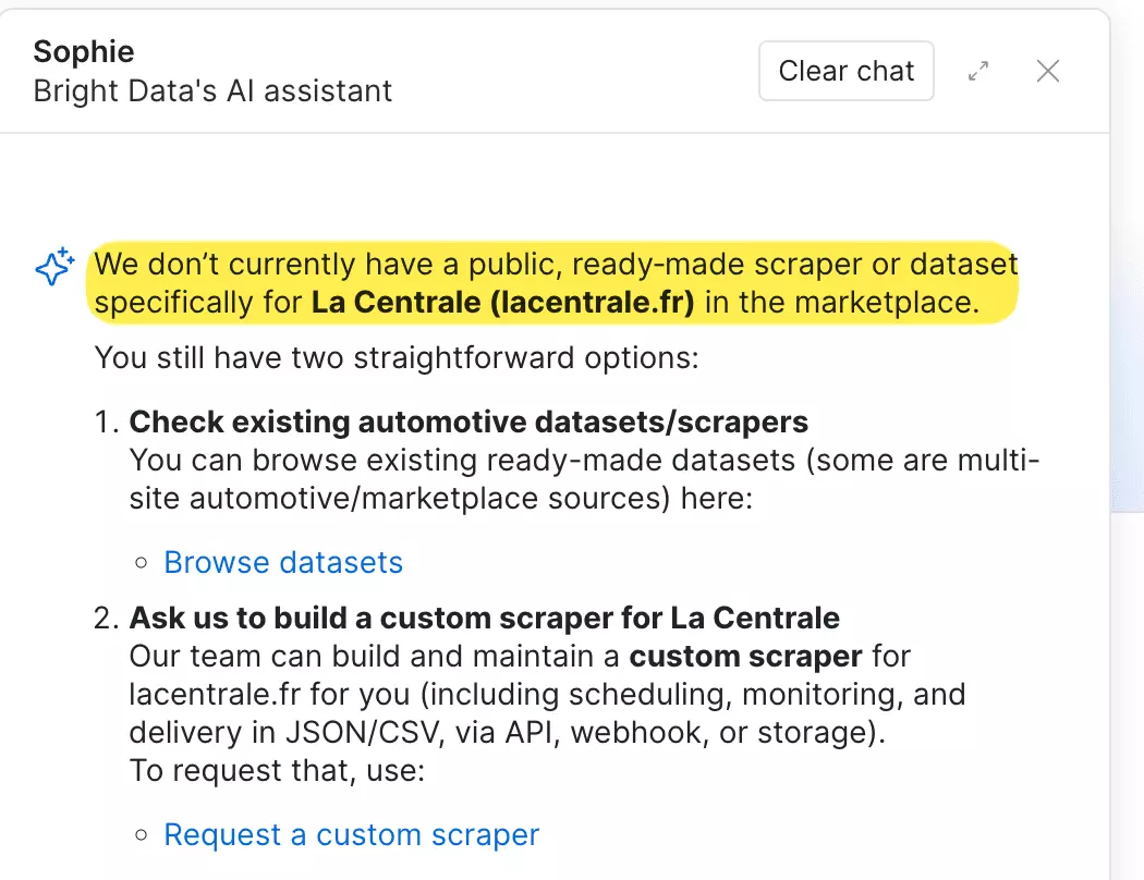 Assistant IA de BrightData confirmant l'absence de scraper LaCentrale