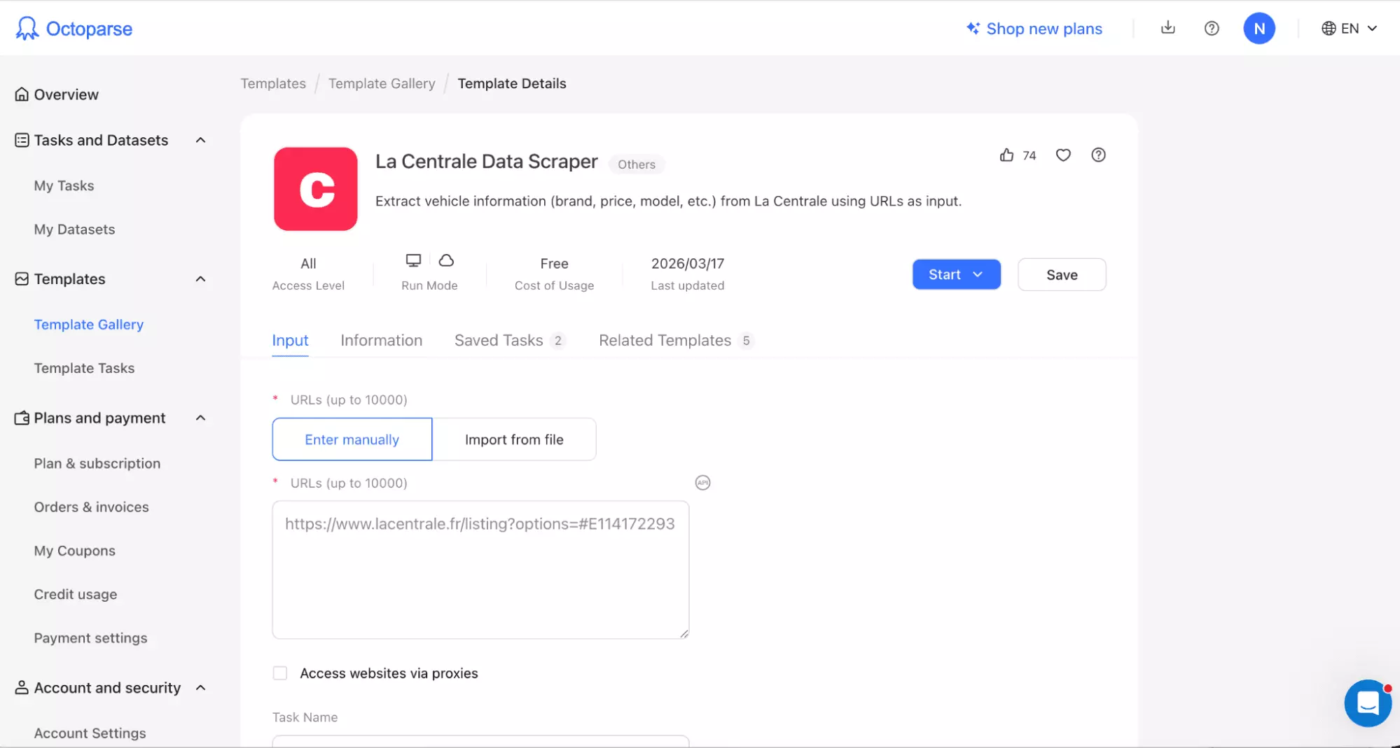 Page du template LaCentrale sur Octoparse