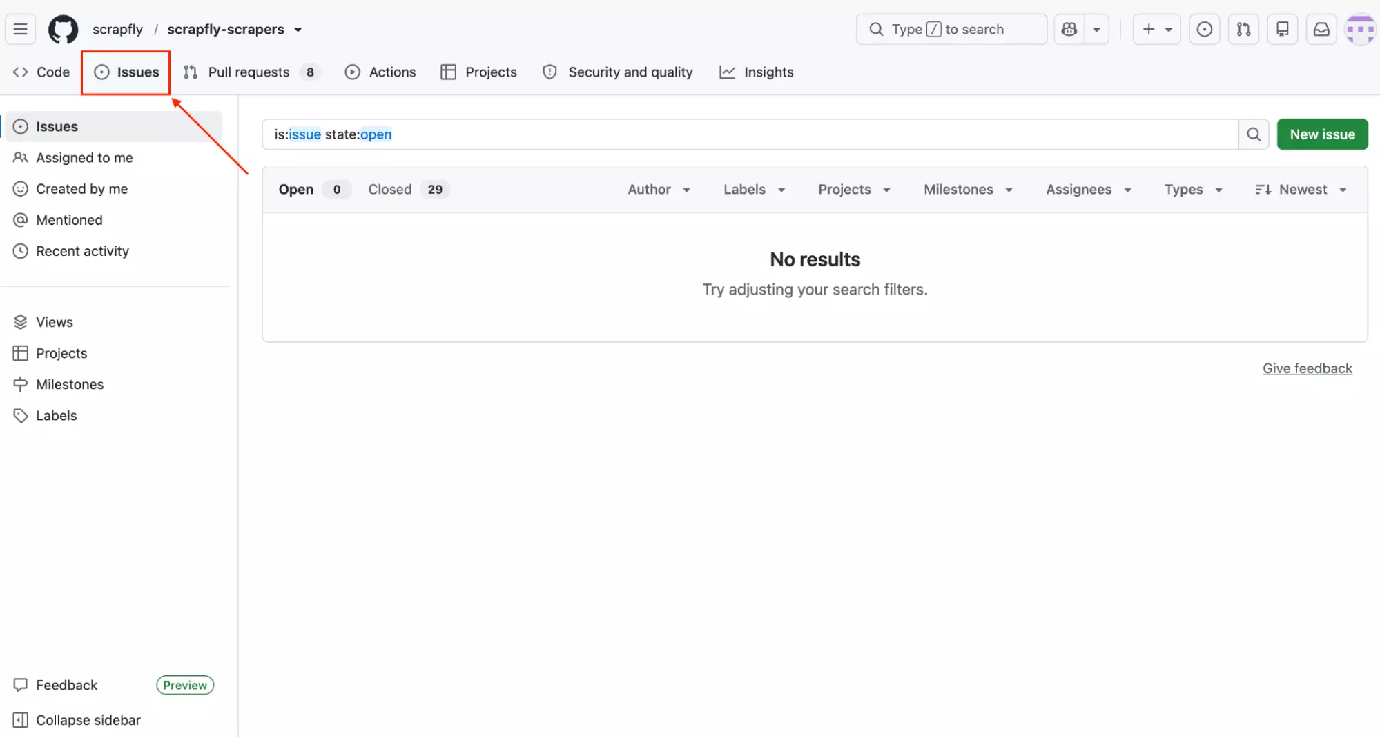 ScrapFly GitHub Issues page showing 0 open and 29 closed issues