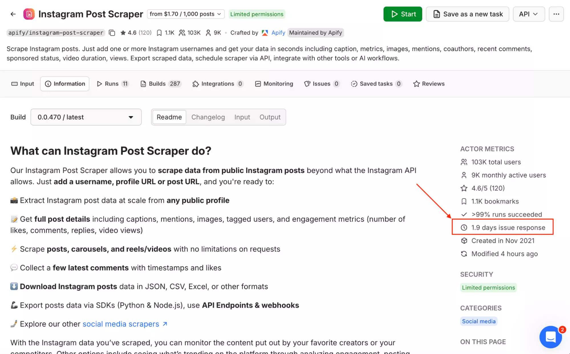 Apify actor issue response time showing 1.9-day average