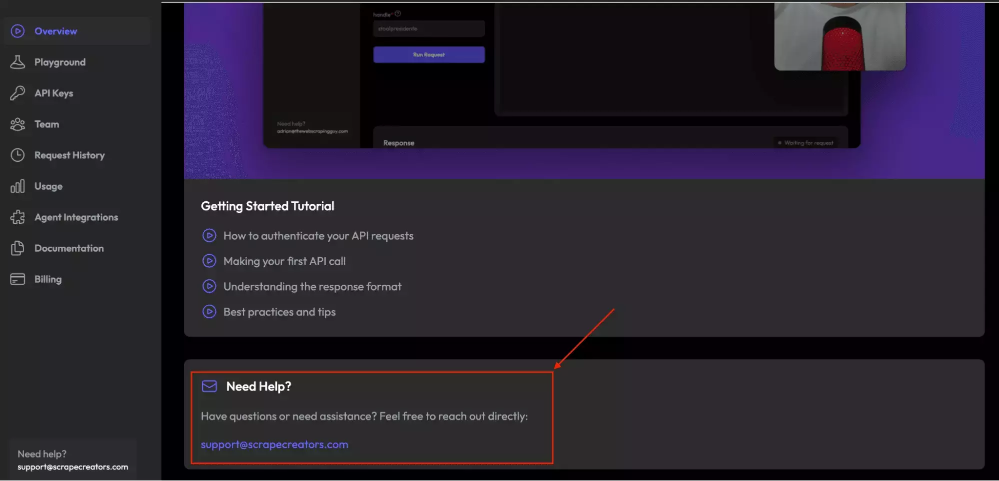 ScrapeCreators dashboard showing support email address