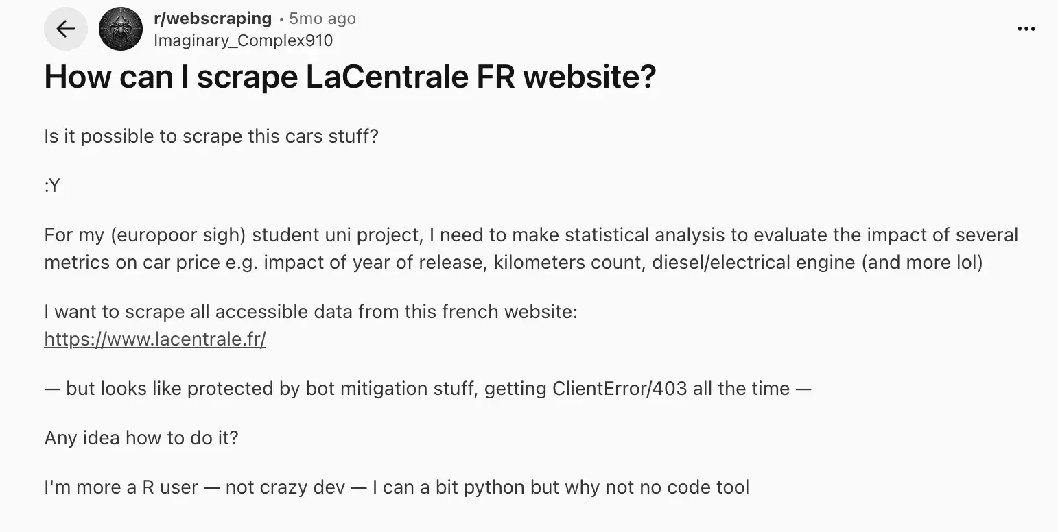Post Reddit montrant un utilisateur confronté à des erreurs 403 en essayant de scraper LaCentrale
