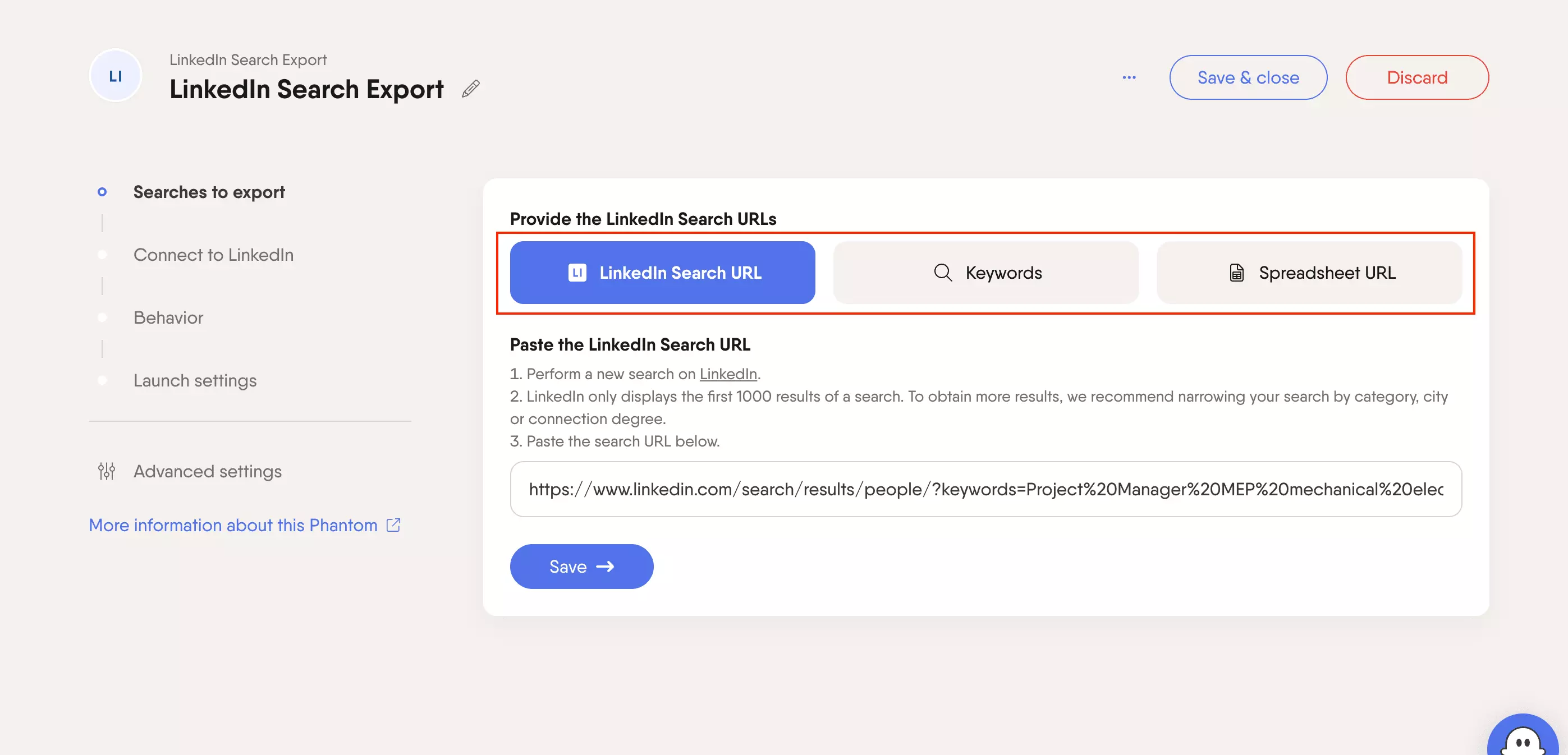 PhantomBuster input options: LinkedIn search URL, keywords or a spreadsheet URL