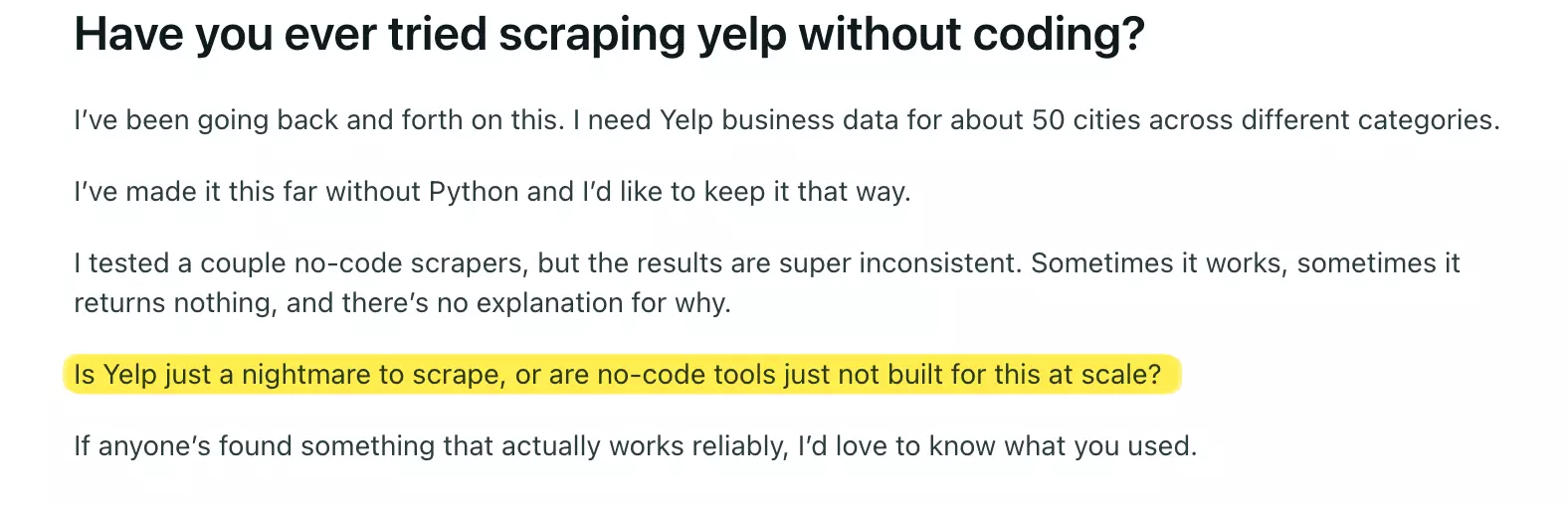 Reddit post showing users asking about Yelp scraping tools and common failure issues
