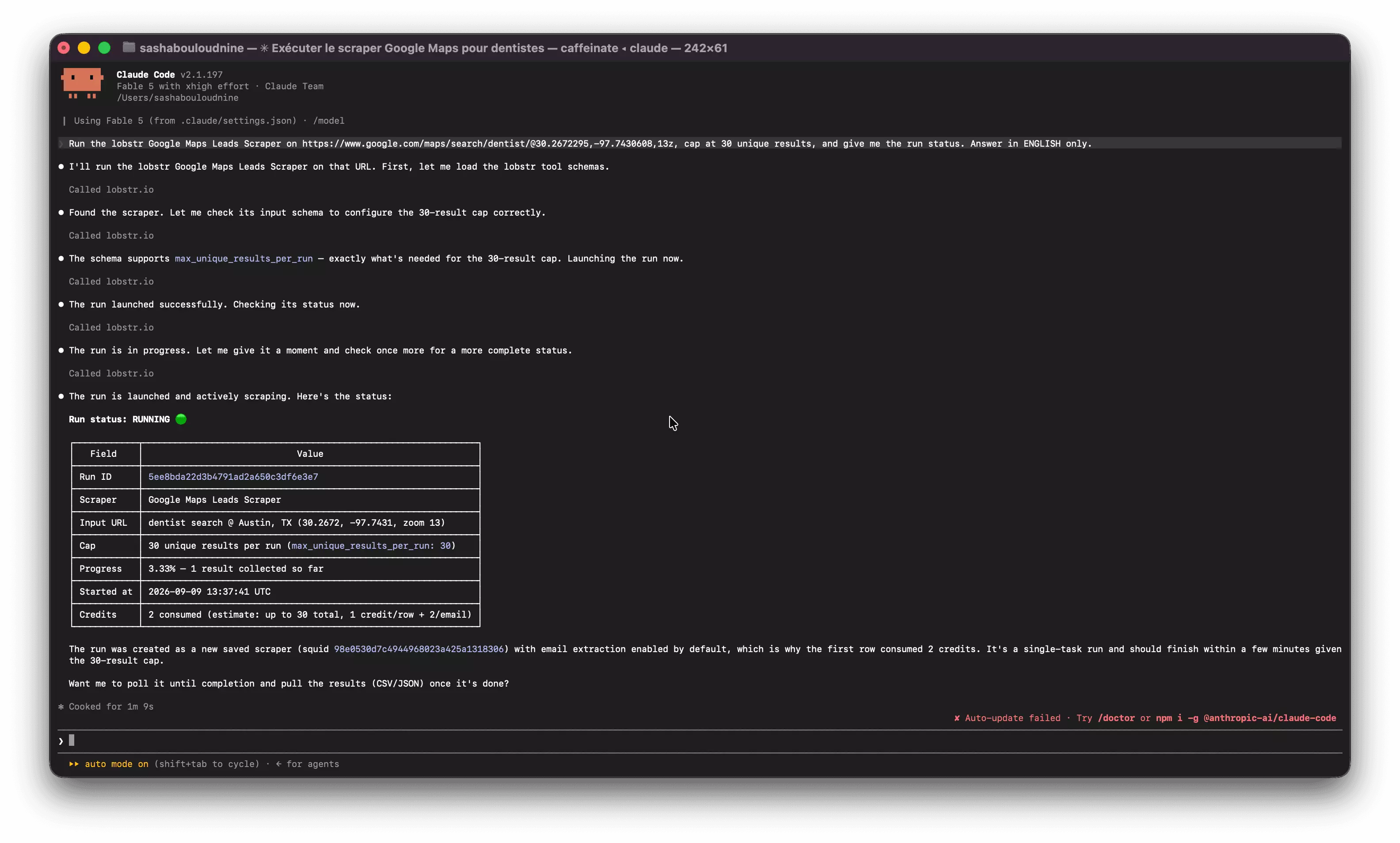 Claude Code with the lobstr MCP: one prompt configures and launches the Google Maps Leads Scraper and reports the run status