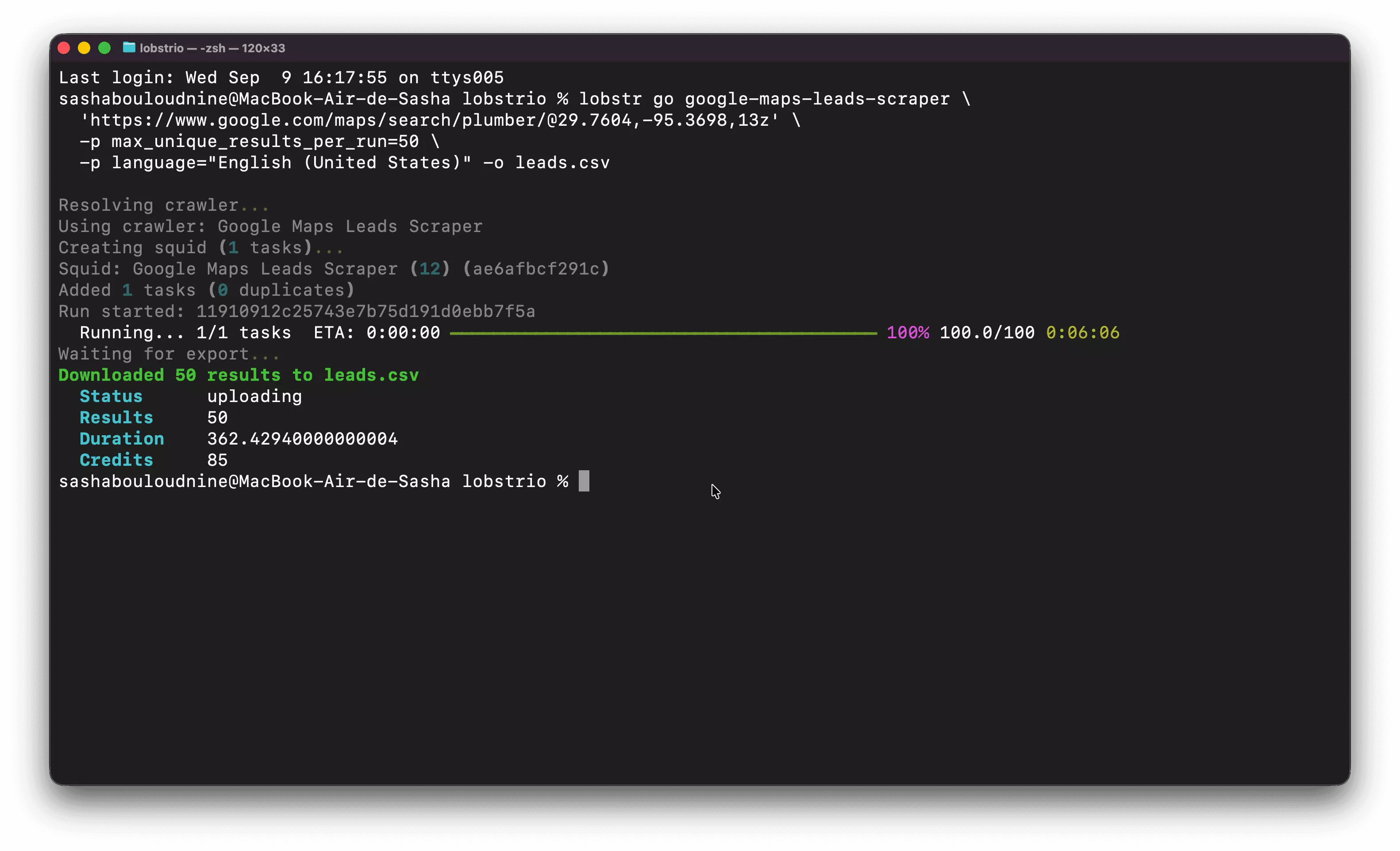 Terminal: the lobstr CLI downloads 50 Houston plumber leads to leads.csv in about six minutes