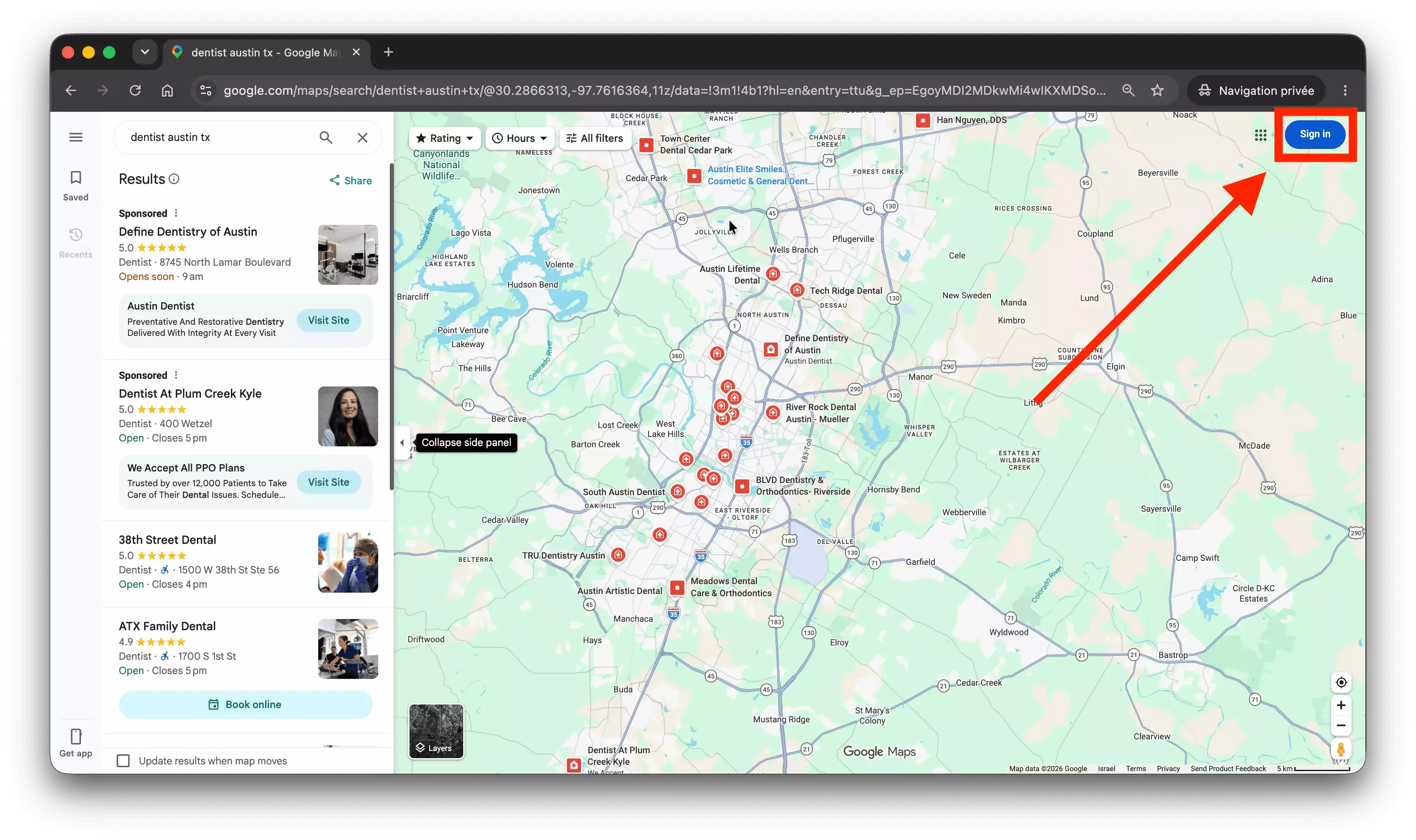 Google Maps in a private window: the full dentist austin tx results load with no login β Sign in button untouched, top right