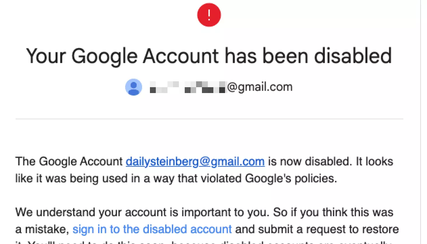 Google account disabled notice β the penalty for scraping while logged in