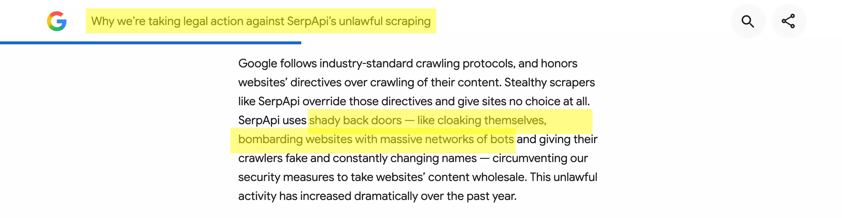 Google's official announcement of the SerpApi lawsuit, accusing it of shady back doors and massive networks of bots