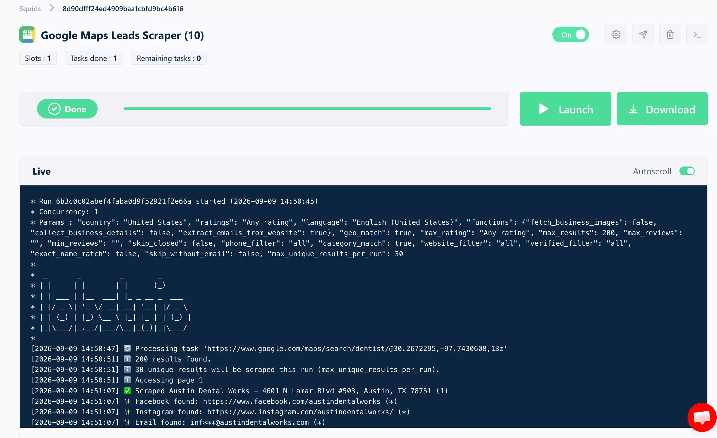 lobstr.io dashboard: the dentist Austin run done β 200 results found, 30 unique results scraped, live logs showing emails and socials found