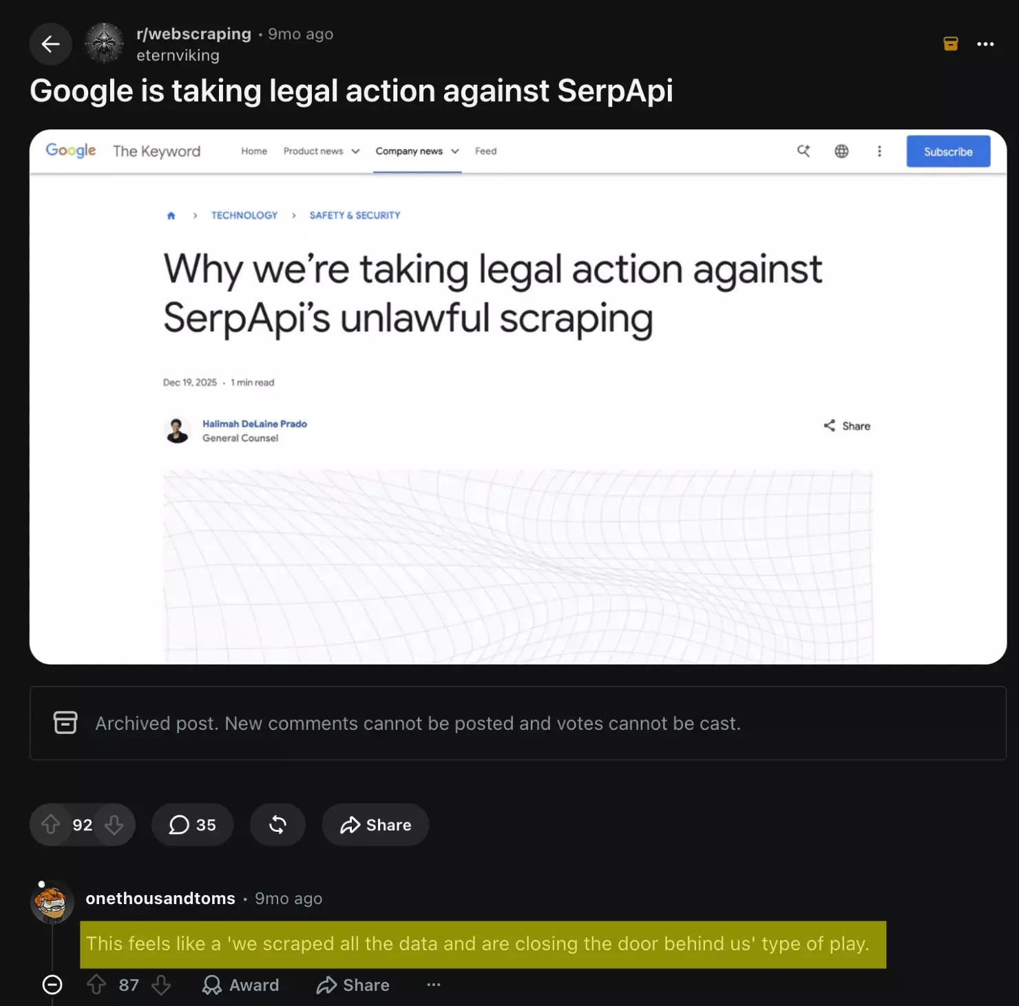 Reddit thread on r/webscraping about Google suing SerpApi β top comment: this feels like a we scraped all the data and are closing the door behind us type of play