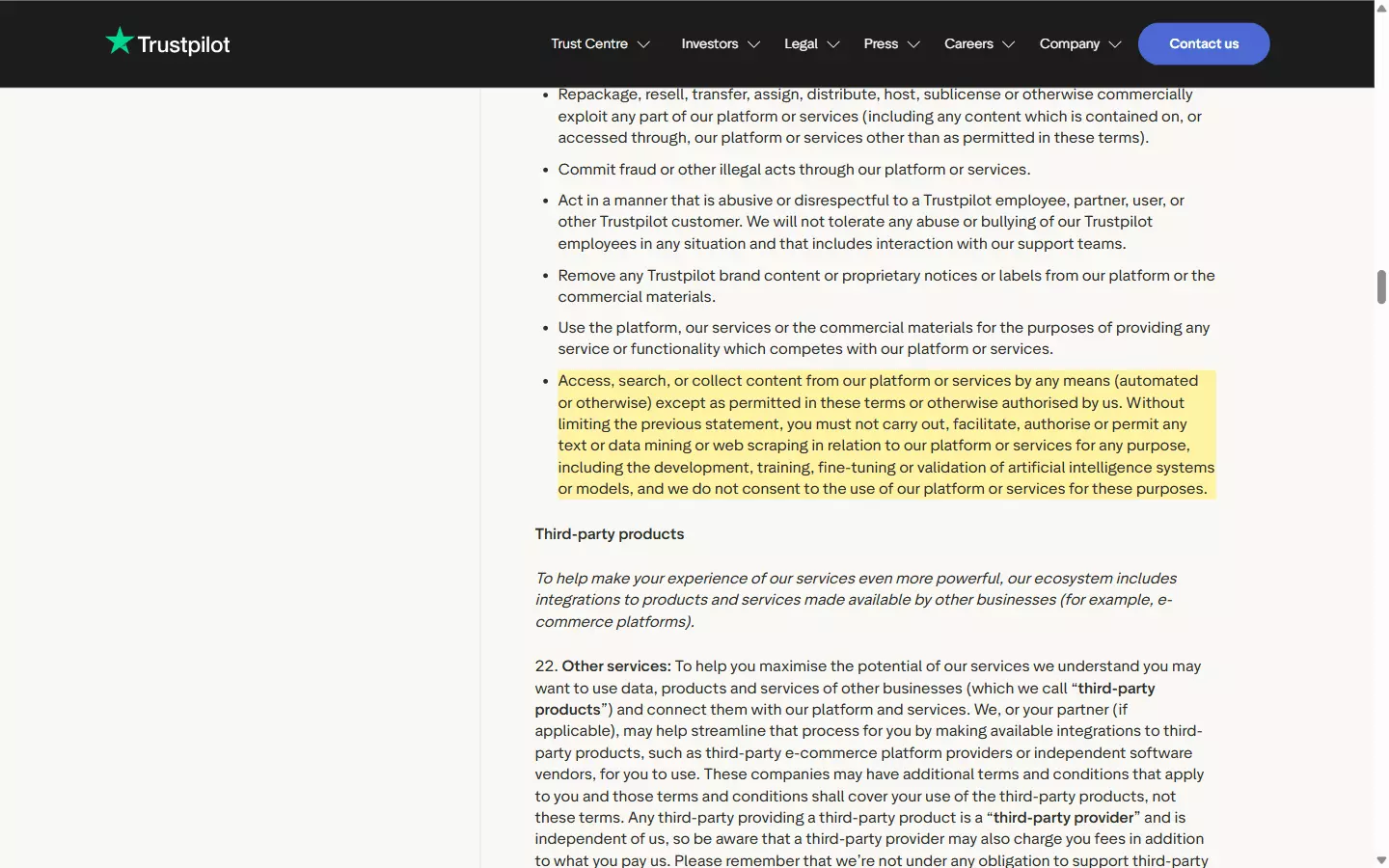 Trustpilot terms of use scraping clause
