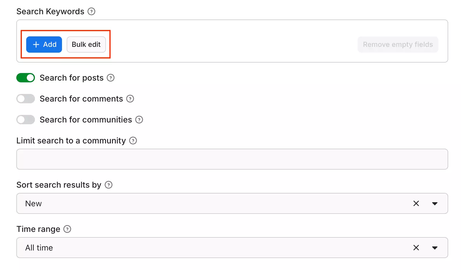 Apify Reddit scraper — keyword search configuration and URL input options
