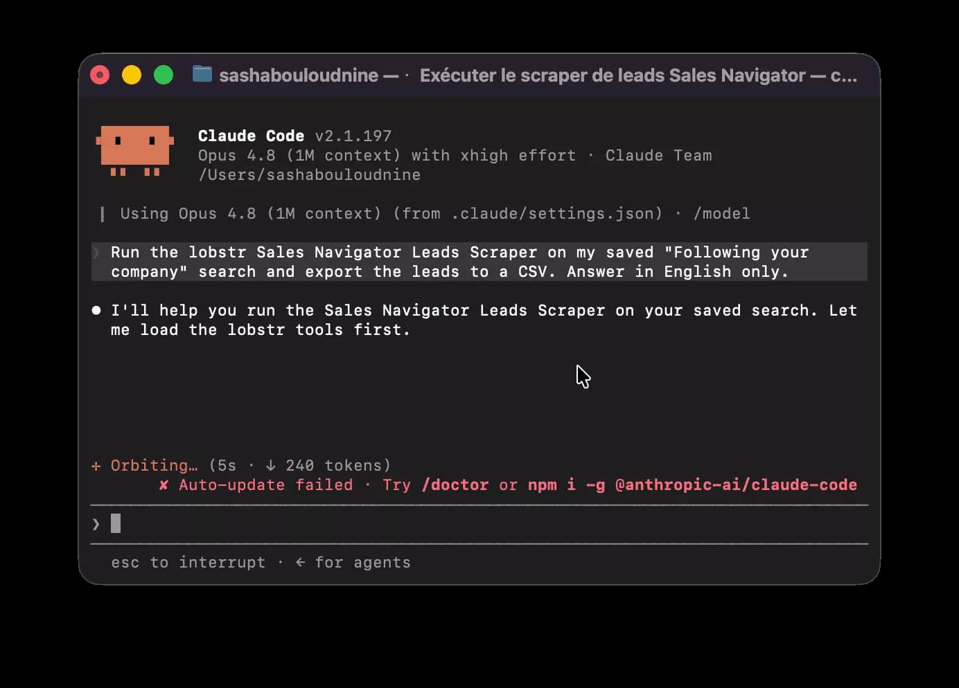 Claude Code prompted to run the lobstr Sales Navigator Leads Scraper on the Following your company search and export the leads to a CSV
