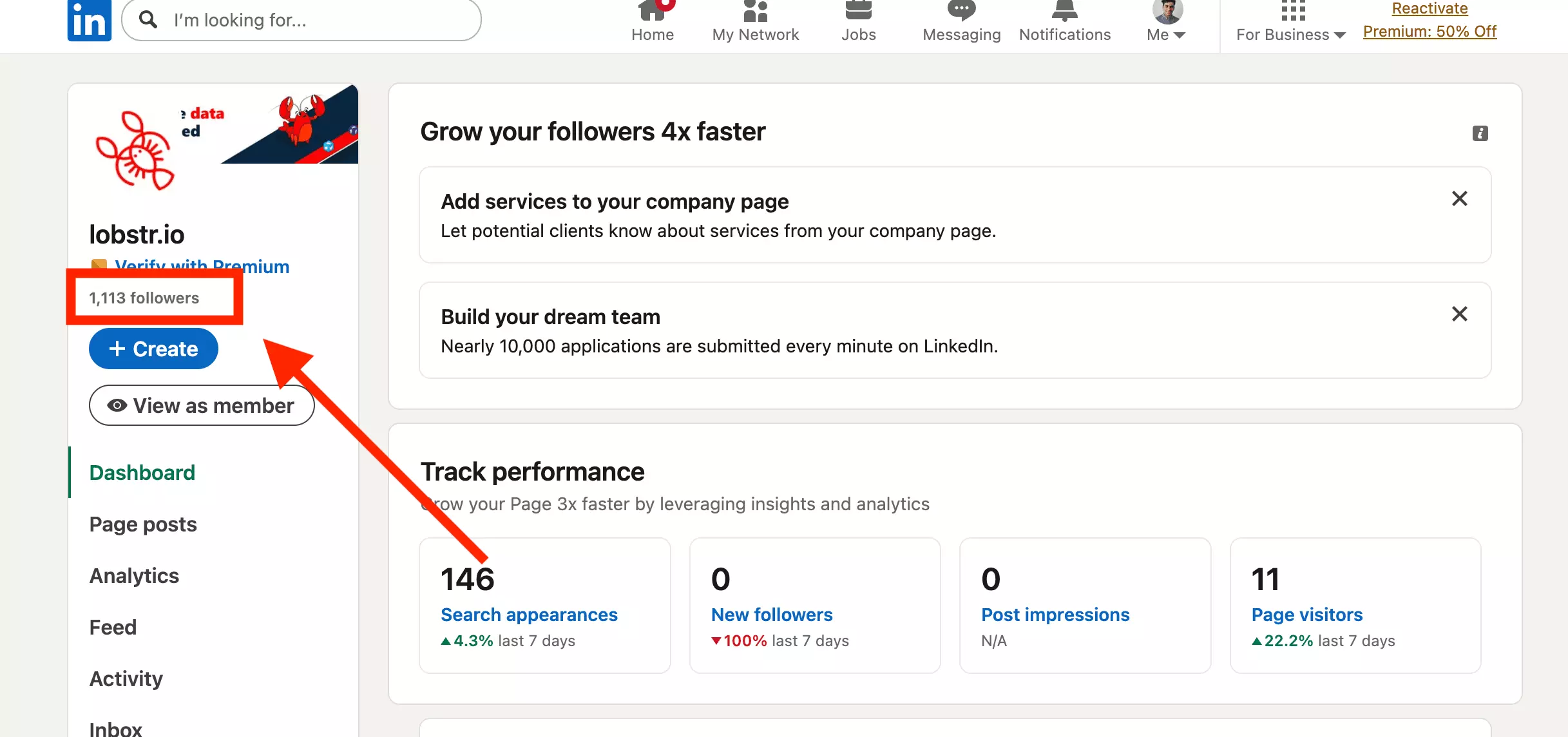 lobstr.io LinkedIn company page admin dashboard showing 1,113 followers