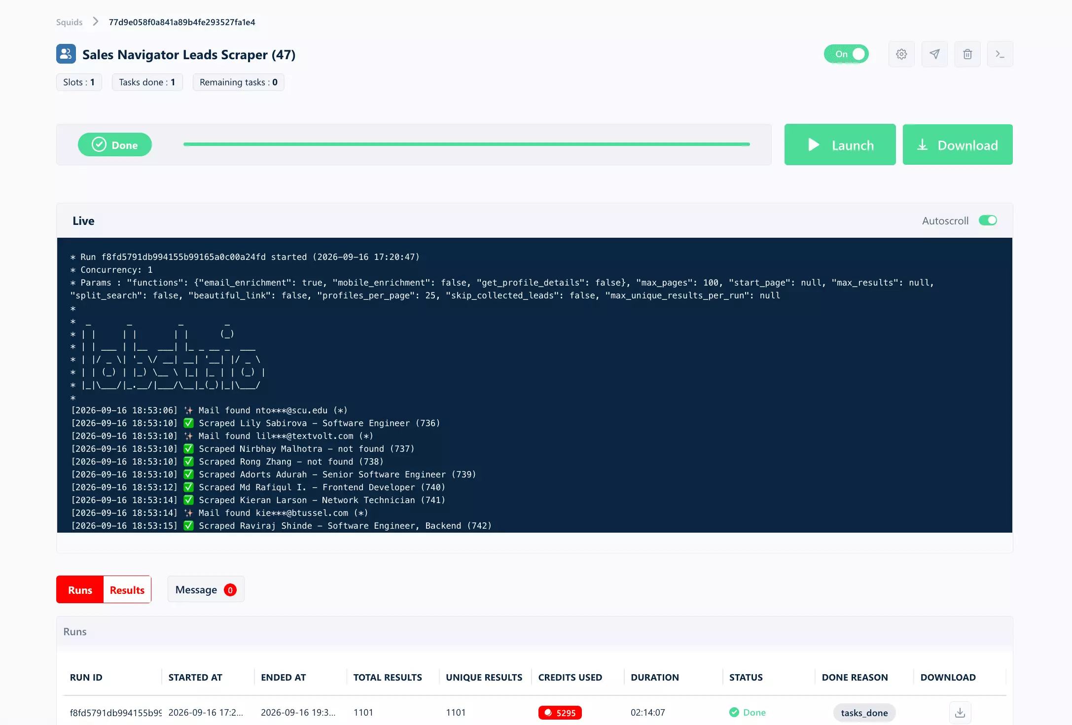 lobstr.io dashboard: the Sales Navigator Leads Scraper run done with 1,101 unique results in 2 hours 14 minutes, live log showing scraped profiles and found emails
